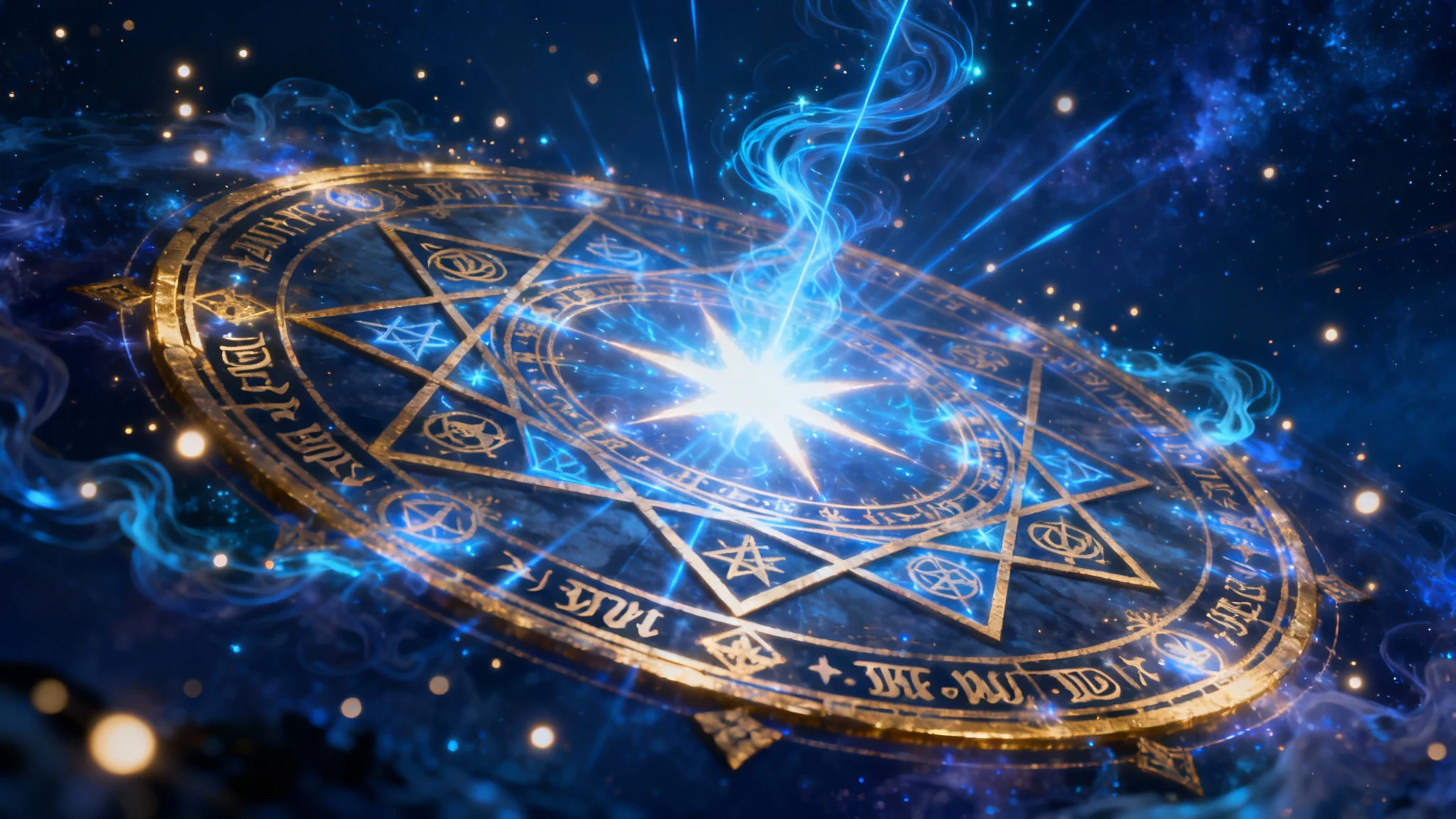 A stunningly detailed magic circle glowing with vibrant blue and gold arcane energy, set against a dark cosmic background, radiating power and intricate patterns.