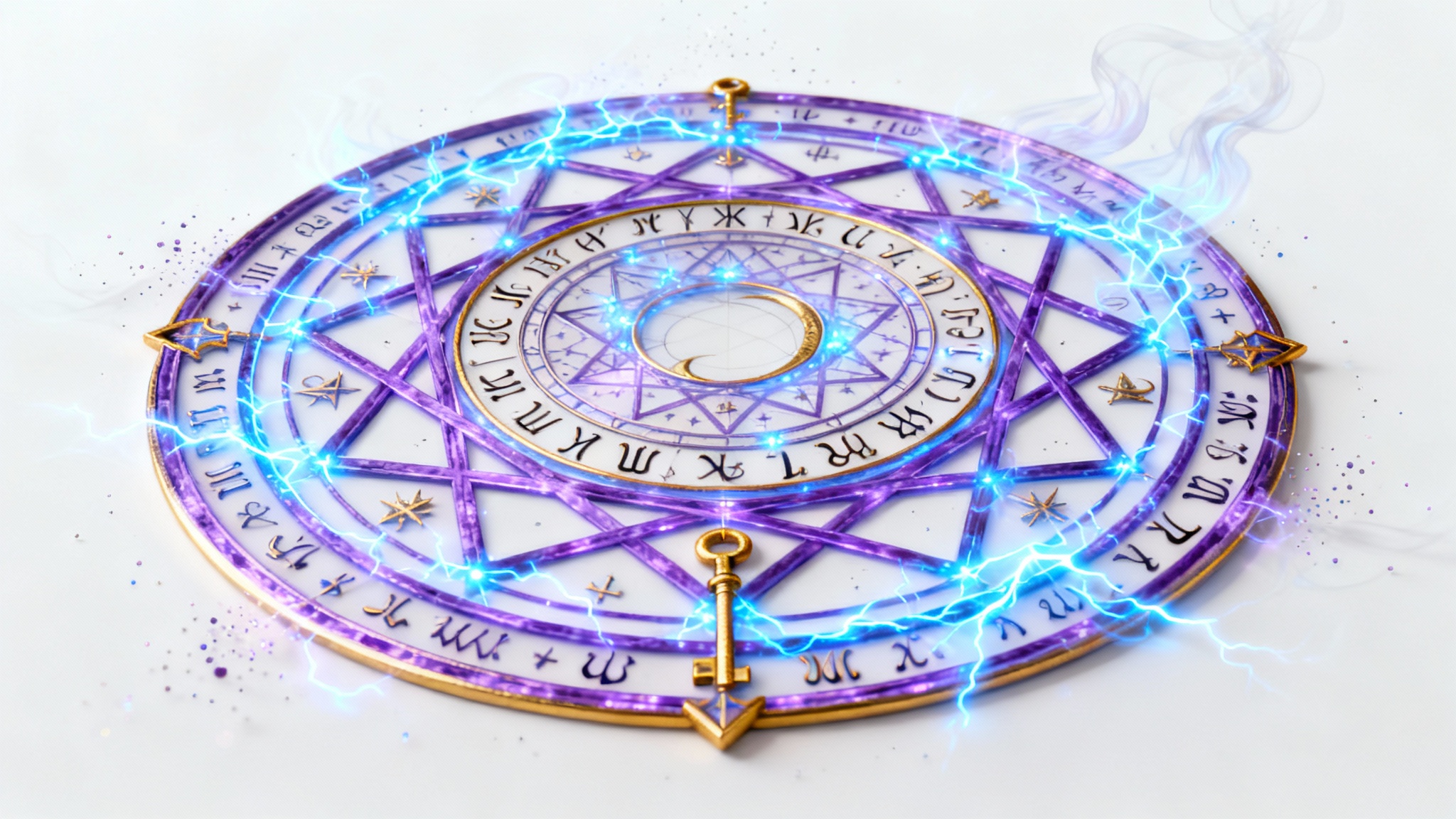 An intricate magic circle glowing with blue, purple, and gold mystical energy and runes, set against a stark white background.