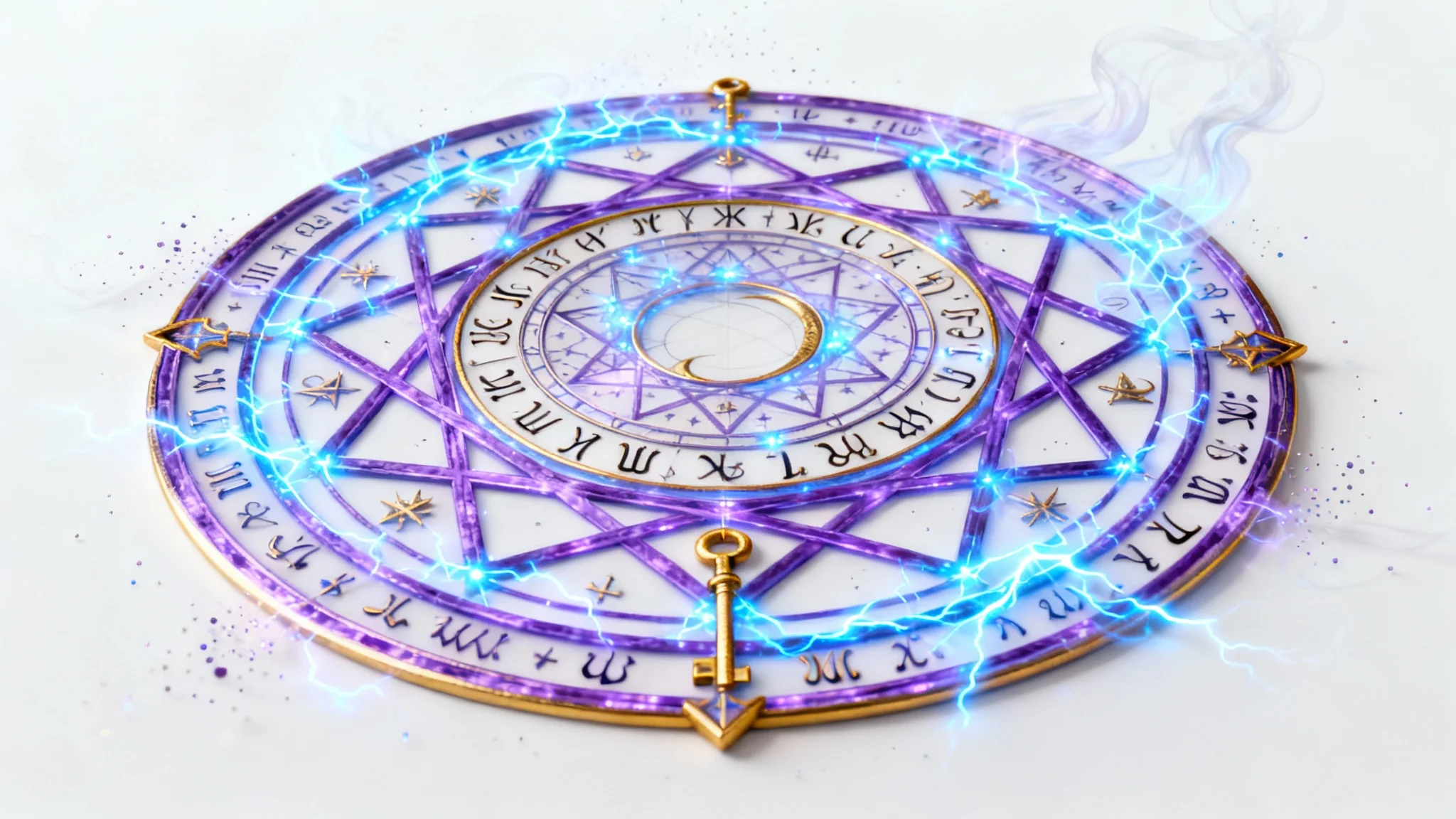 An intricate magic circle glowing with blue, purple, and gold mystical energy and runes, set against a stark white background.