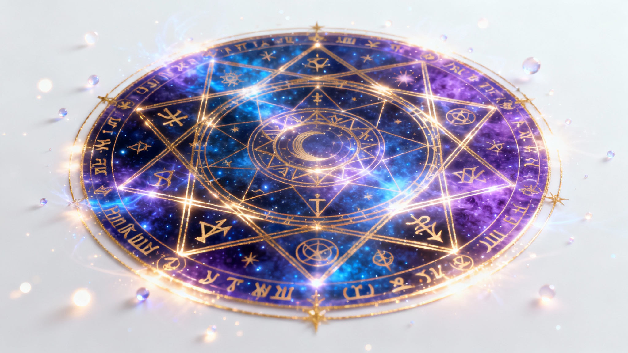 An intricate and glowing magic circle with complex geometric patterns and arcane symbols, radiating a mystical blue, purple, and gold light against a plain white background.