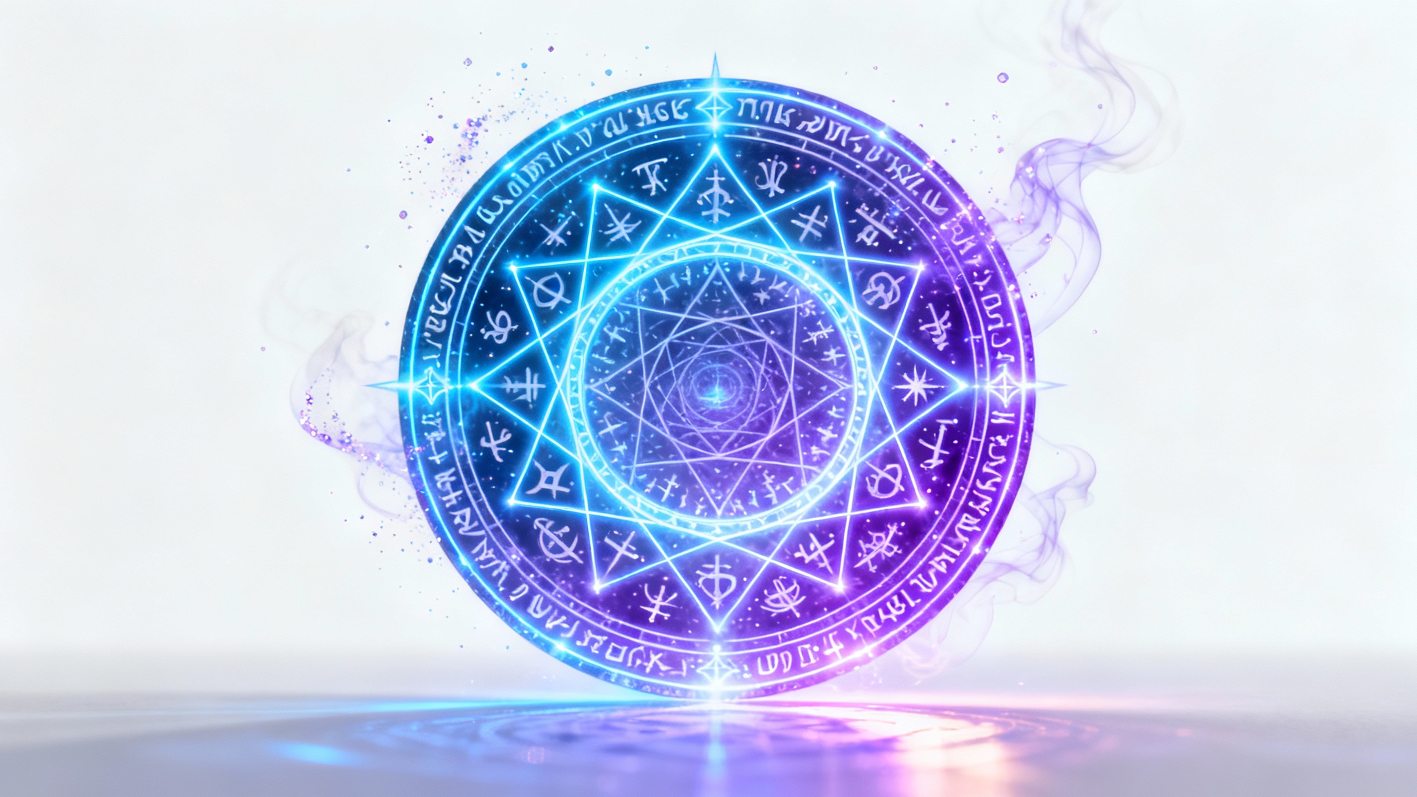 A detailed mockup of a glowing magic circle with intricate geometric patterns and arcane symbols in neon blue and violet, set against a clean white background.