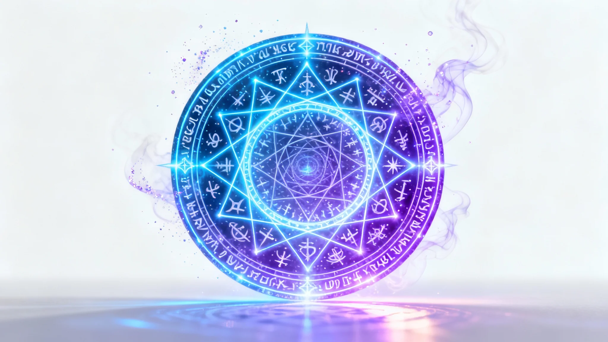 A detailed mockup of a glowing magic circle with intricate geometric patterns and arcane symbols in neon blue and violet, set against a clean white background.