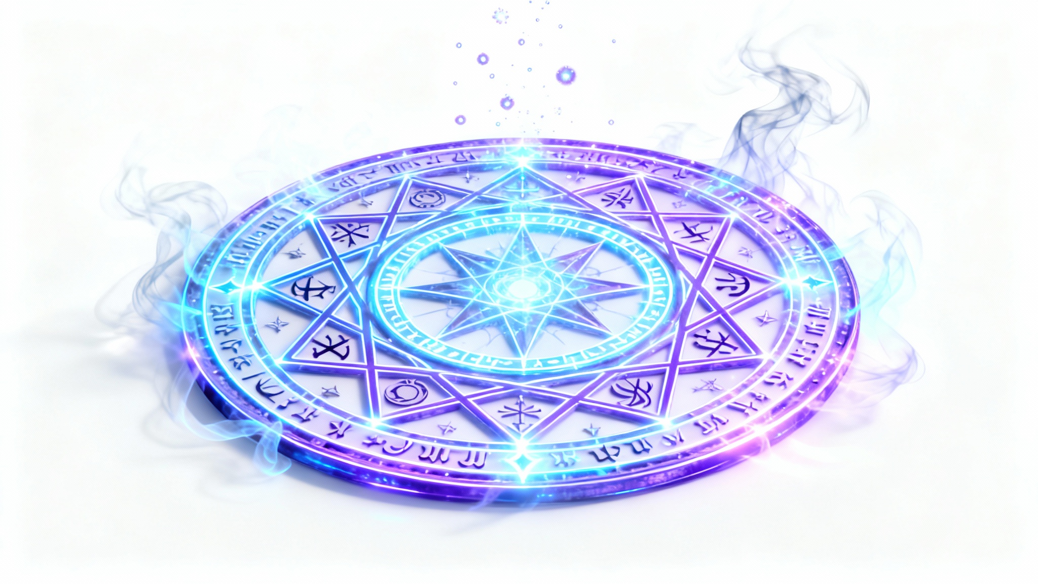 An intricate, glowing magic circle with complex geometric patterns and arcane symbols, radiating a powerful blue and purple light against a clean white background.