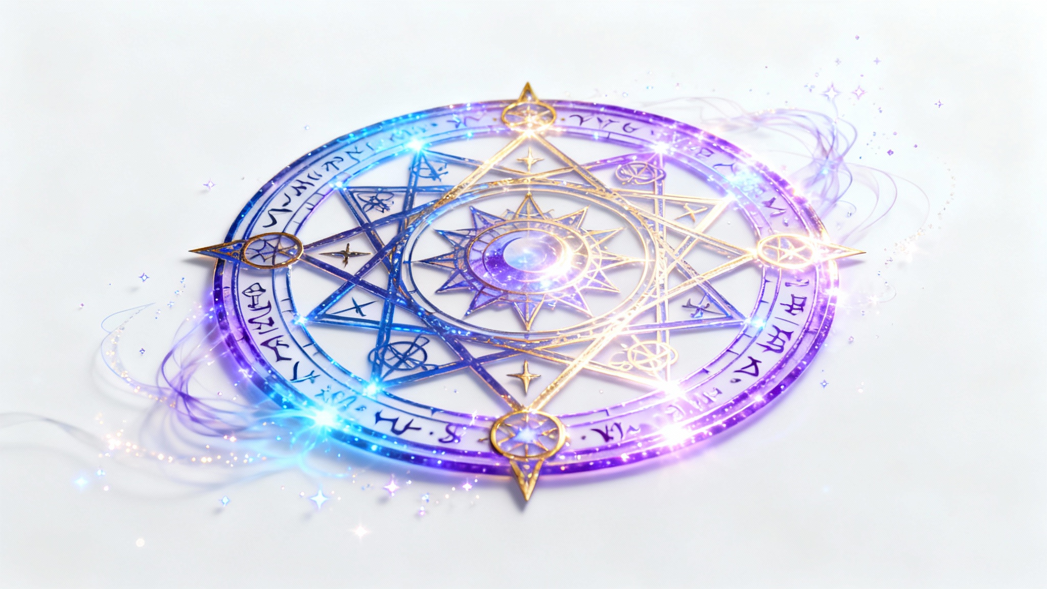 An intricate magic circle with glowing blue, purple, and gold runes and geometric patterns, viewed from above against a plain white background.