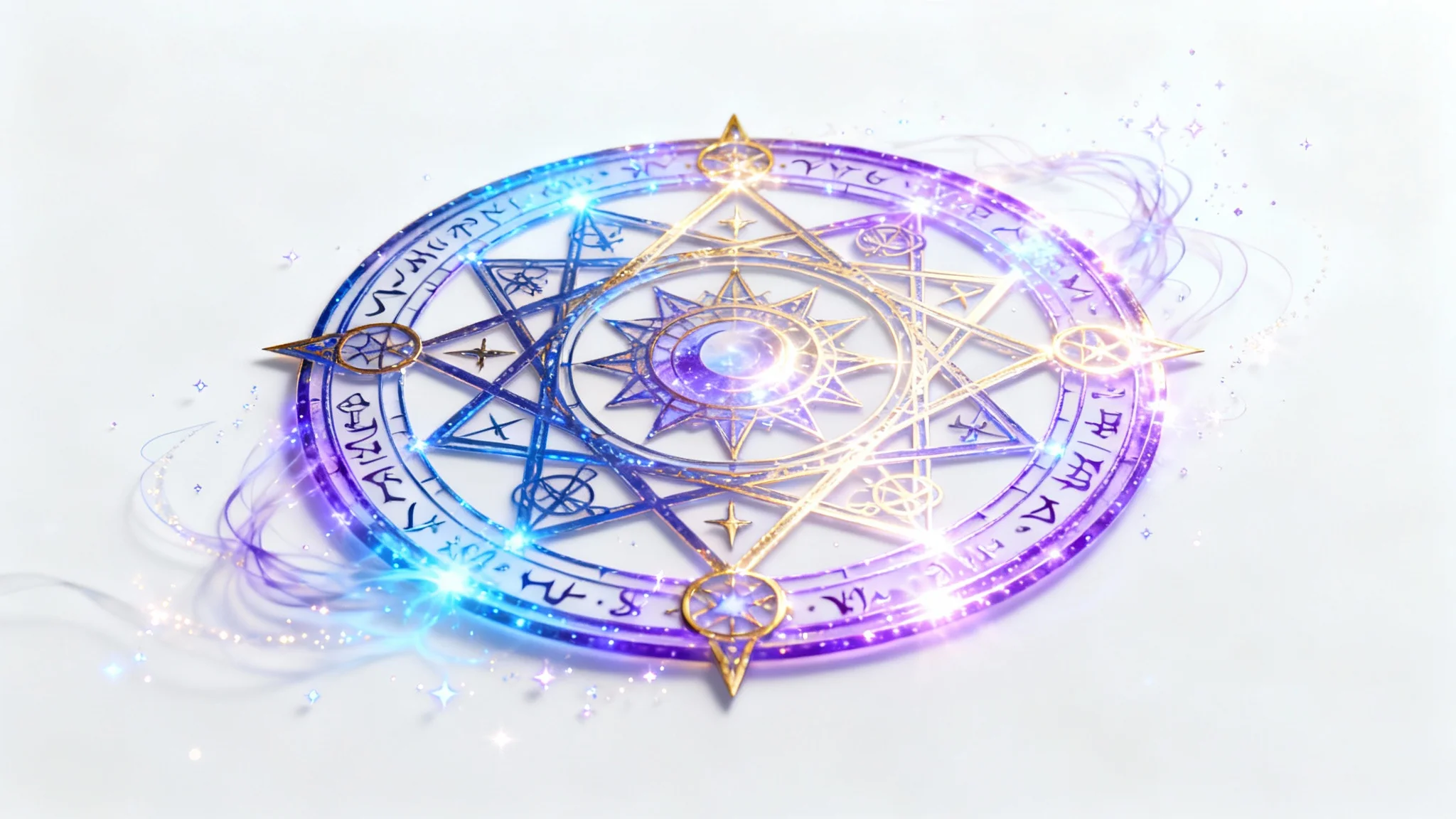 An intricate magic circle with glowing blue, purple, and gold runes and geometric patterns, viewed from above against a plain white background.