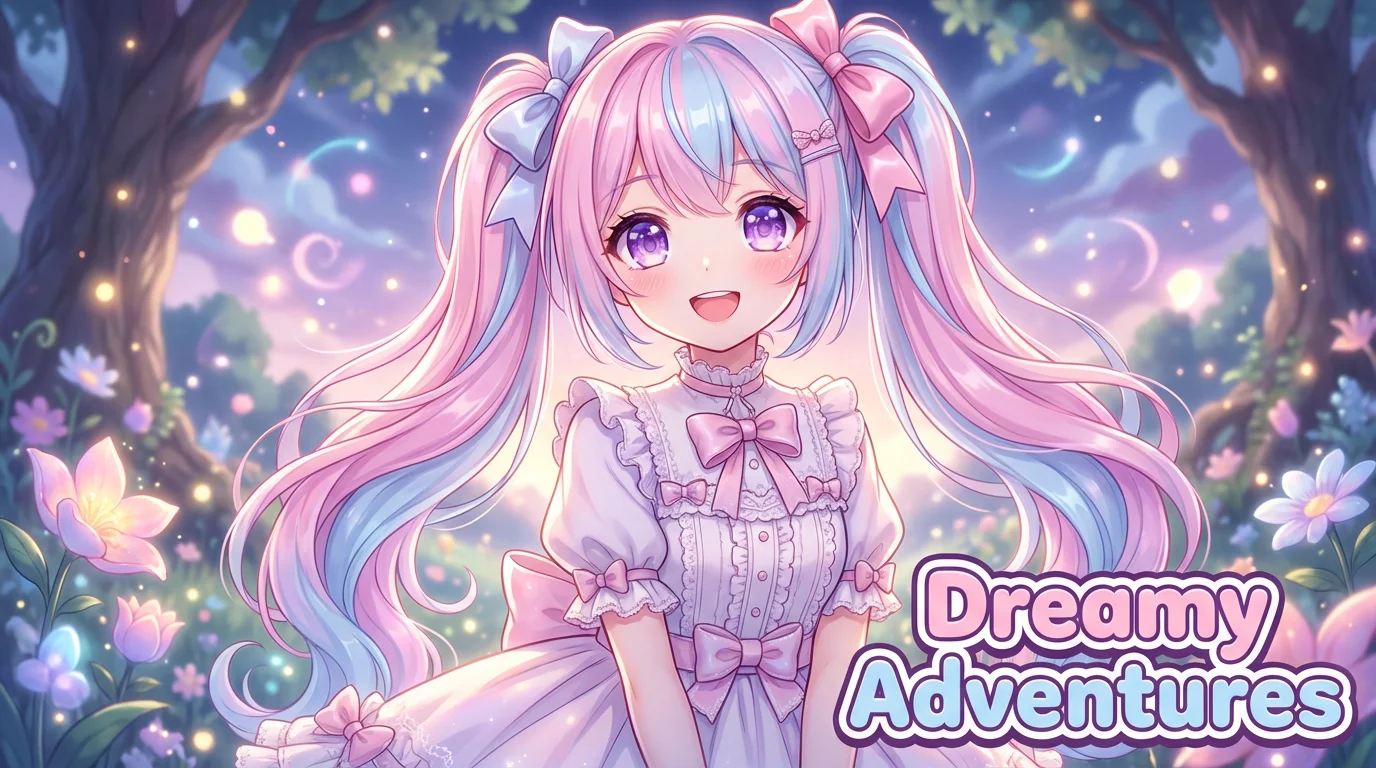 A vibrant, high-quality anime illustration of a cute girl with colorful pigtails and large sparkling eyes, set against a dreamy landscape with the text 'Dreamy Adventures'.