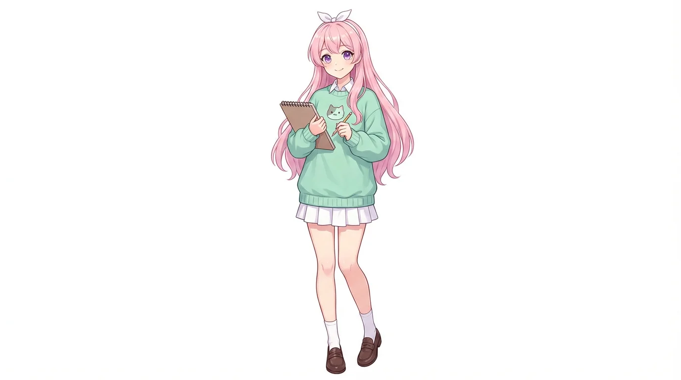 A full-body digital illustration of a cute anime girl with long pink hair and purple eyes, wearing a mint green sweater and holding a sketchbook, smiling warmly against a solid white background.