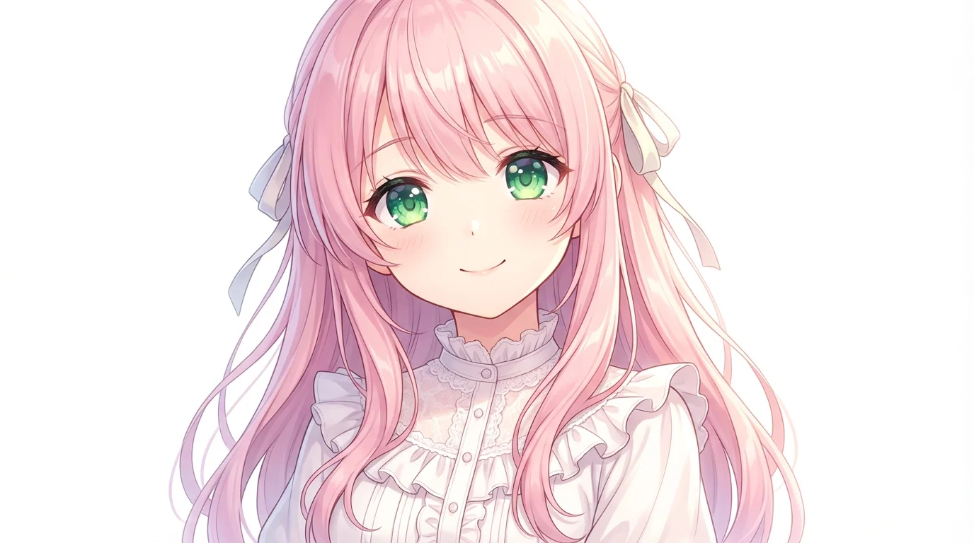 A beautiful anime-style illustration of a cute girl with pastel pink hair and green eyes, smiling sweetly against a plain white background.