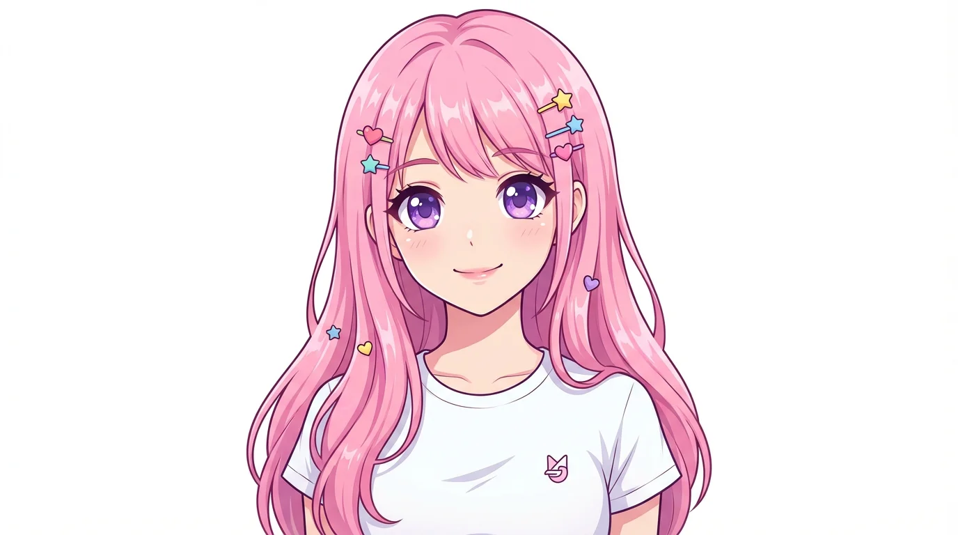 An anime illustration of a cute girl with long pink hair and big purple eyes, smiling against a plain white background.