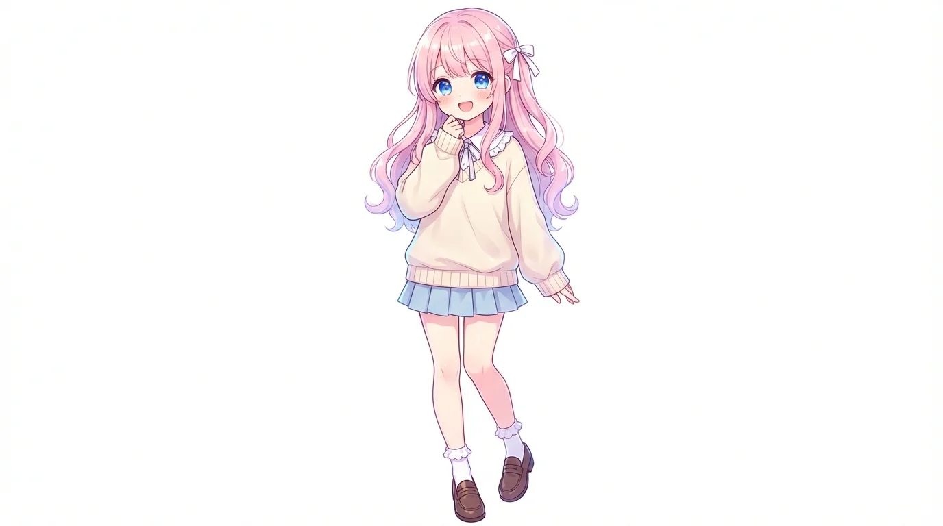 A high-detail digital anime illustration of a cute girl with pastel pink hair and blue eyes, smiling joyfully. She is wearing a cozy cream sweater and a blue skirt, standing against a plain white background.