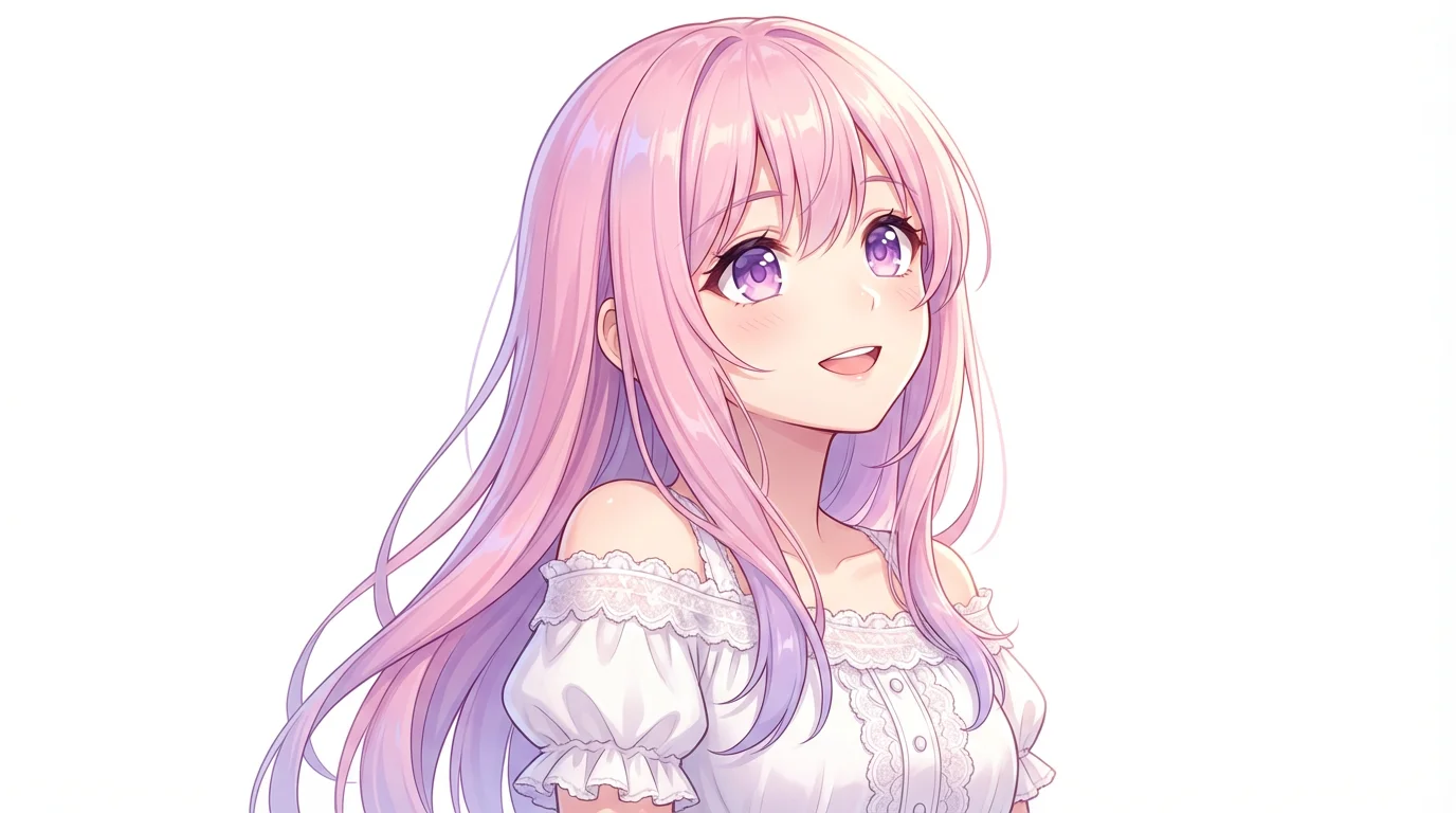 A high-quality digital illustration of a cute anime girl with long pastel pink hair and sparkling purple eyes, smiling gently against a plain white background.