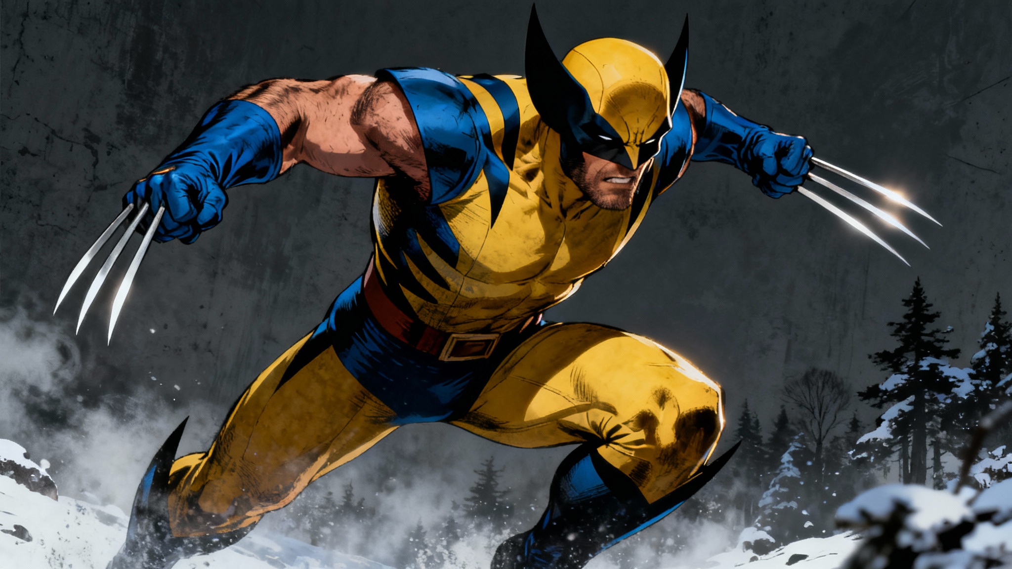 A dynamic digital illustration of the superhero Wolverine in his classic yellow and blue suit, posed for action with claws out, set against a dark, atmospheric background.