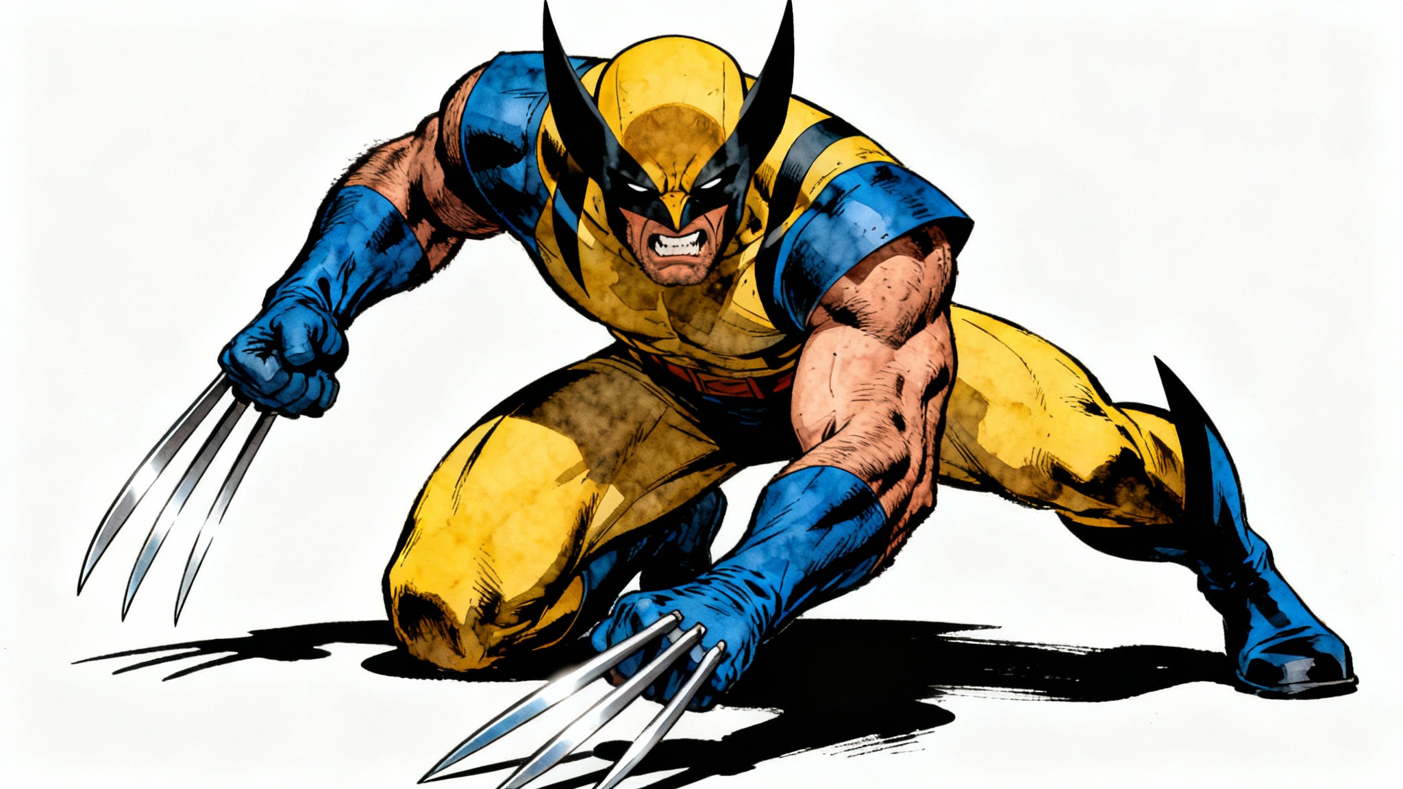 A hyper-realistic illustration of the comic book character Wolverine in his classic yellow and blue costume, posed in a combat stance with his adamantium claws extended, set against a plain white background.