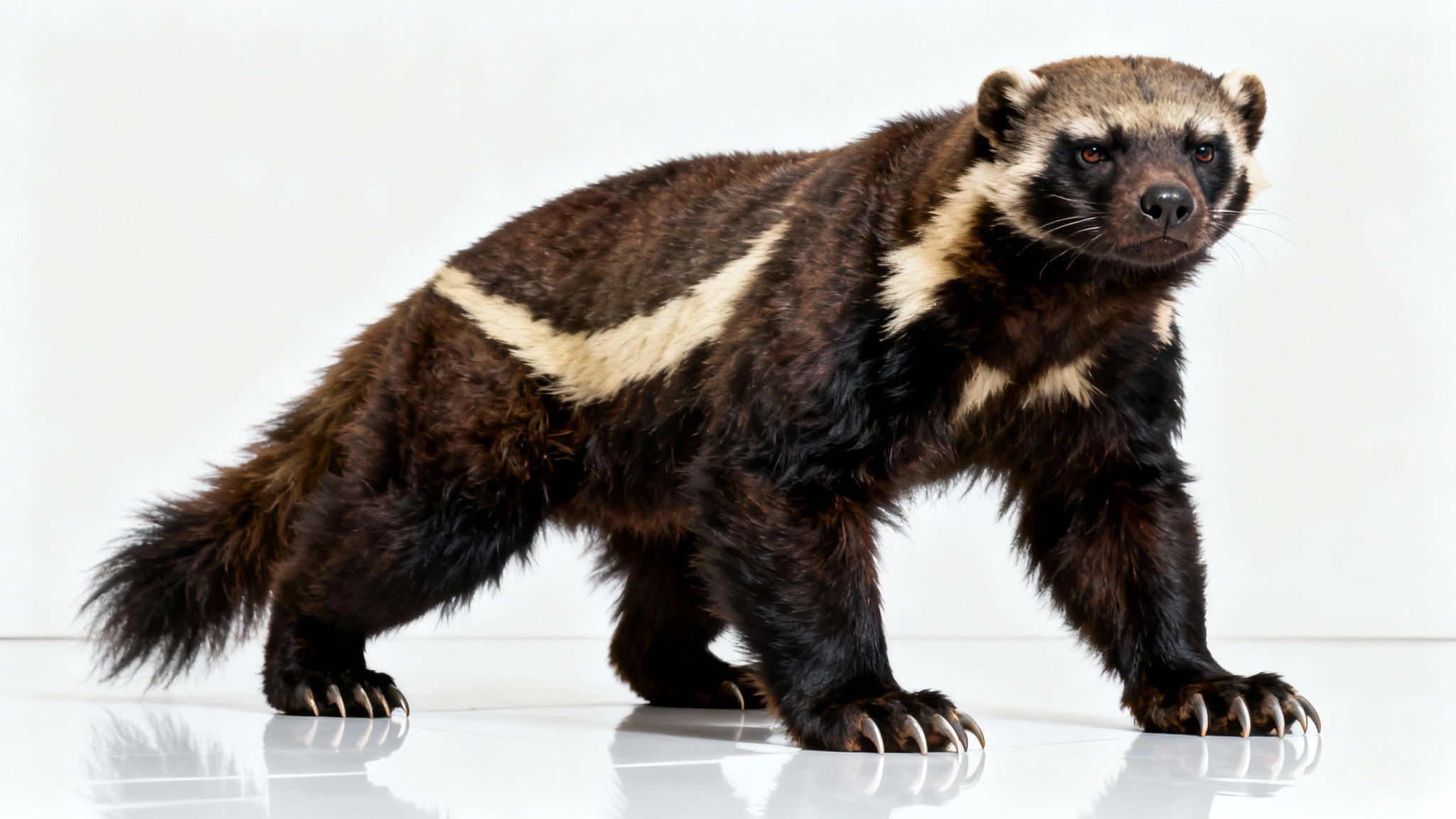 A hyper-realistic, full-body studio mockup of a fierce wolverine with dark, shaggy fur, standing in a powerful pose against a solid white background.