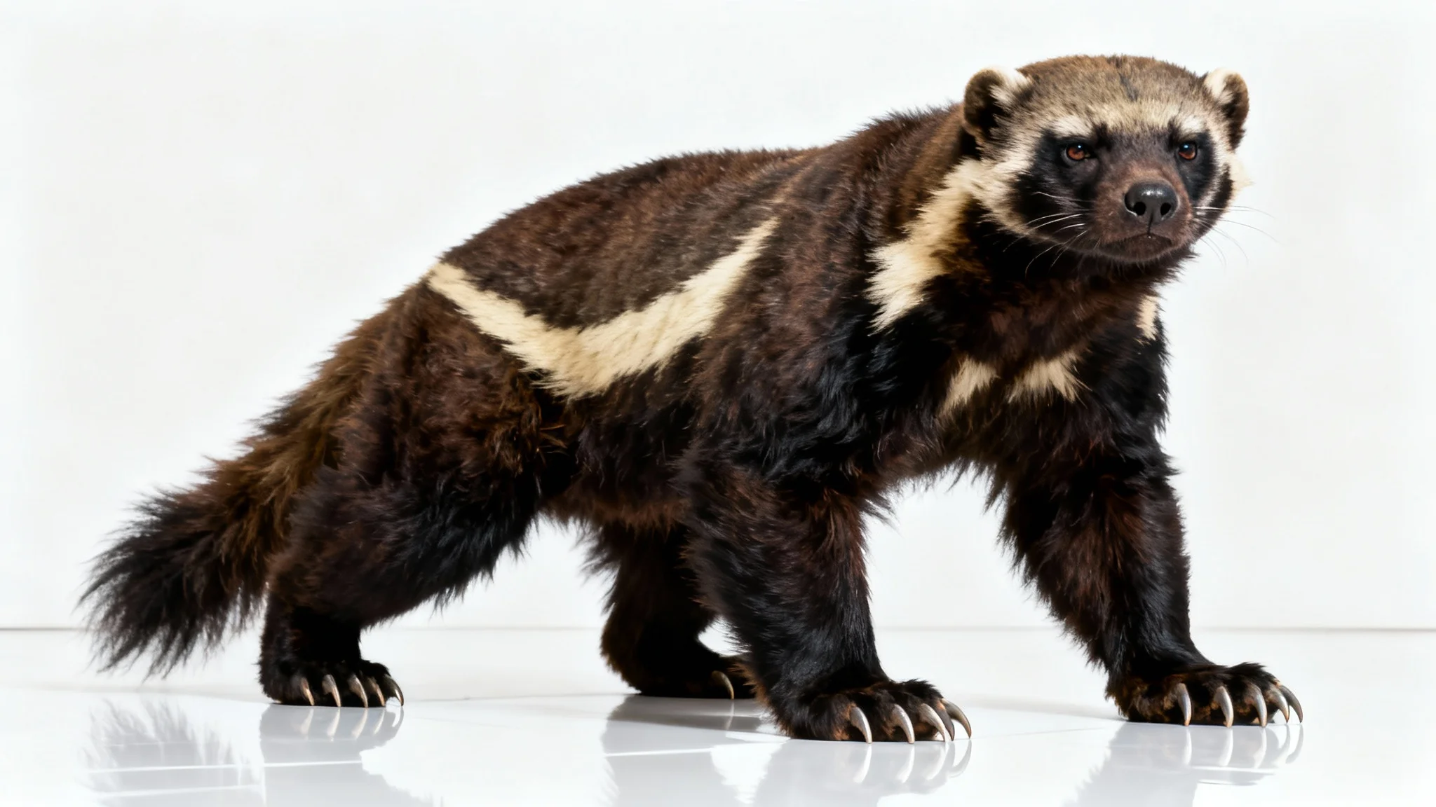 A hyper-realistic, full-body studio mockup of a fierce wolverine with dark, shaggy fur, standing in a powerful pose against a solid white background.