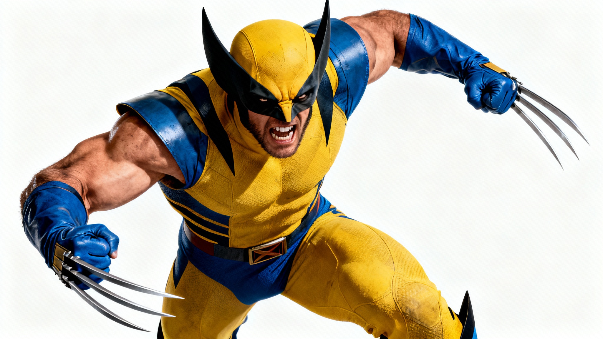 A dynamic, photorealistic image of the superhero Wolverine in his yellow and blue costume, lunging forward with his adamantium claws extended against a solid white background.