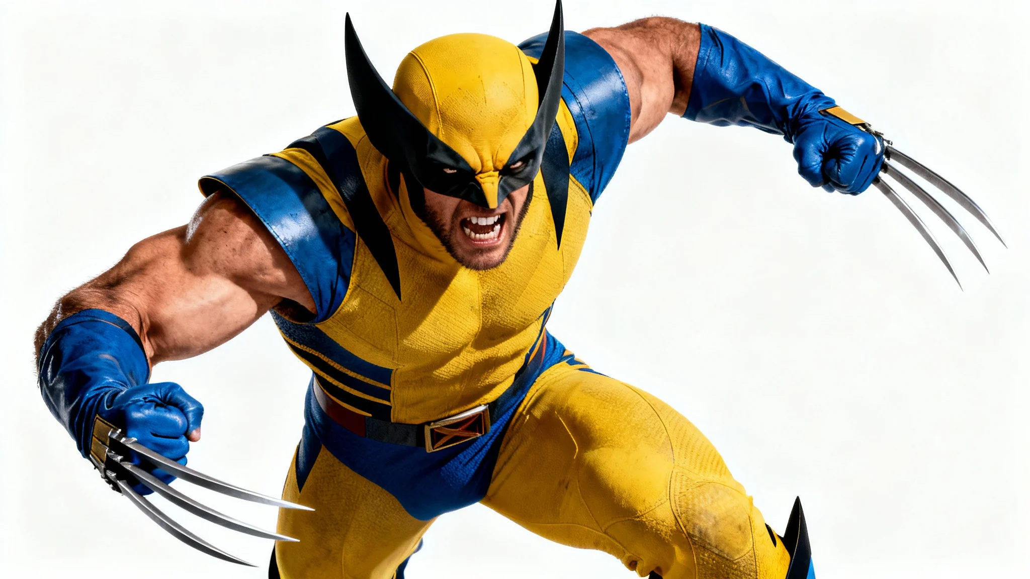 A dynamic, photorealistic image of the superhero Wolverine in his yellow and blue costume, lunging forward with his adamantium claws extended against a solid white background.
