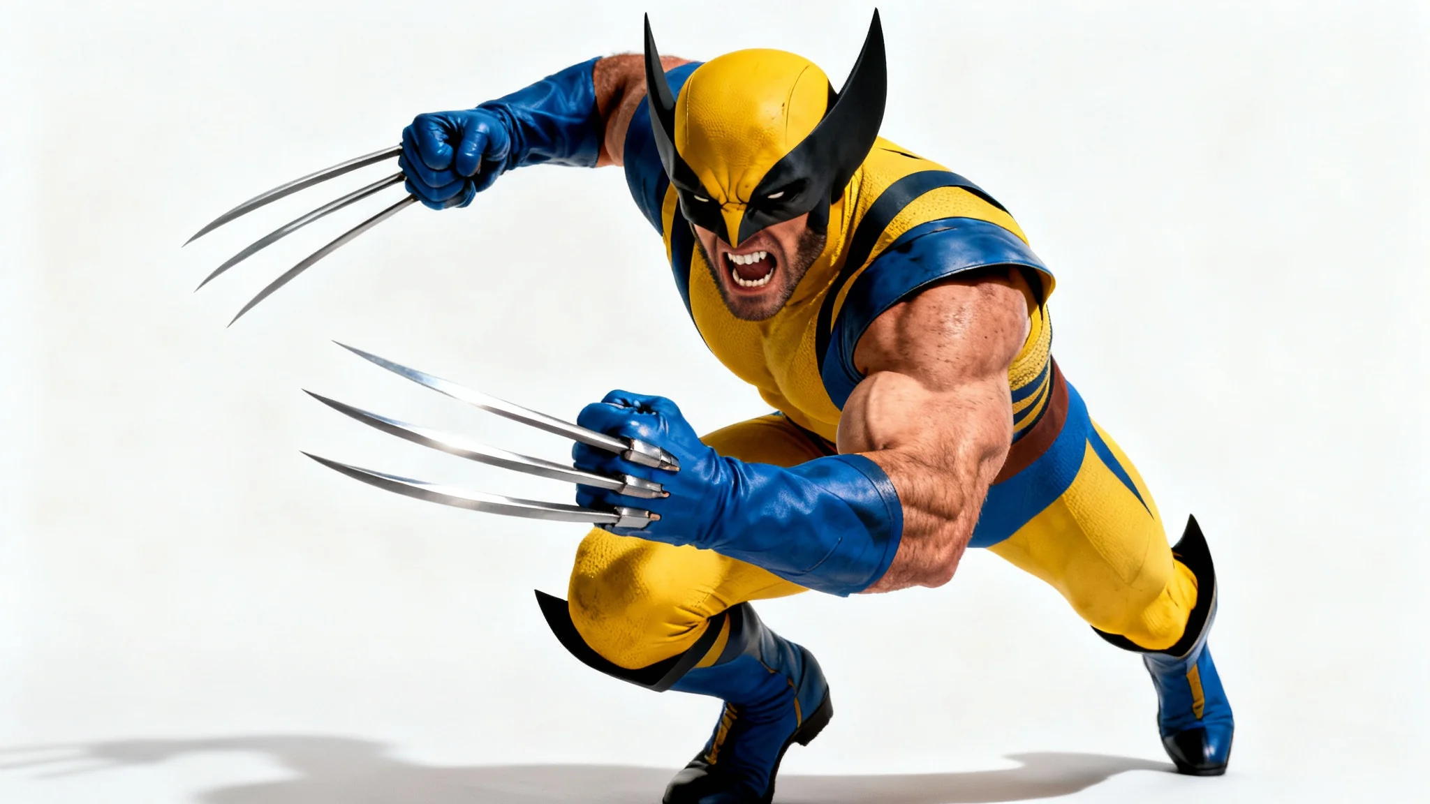 A photorealistic action shot of the superhero Wolverine in his classic yellow and blue costume, snarling as he lunges forward with his adamantium claws extended against a solid white background.