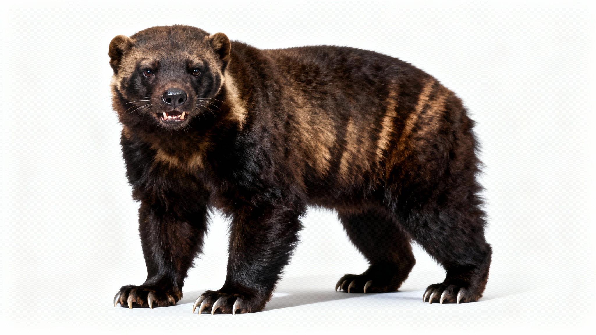 A fierce wolverine in a powerful stance, captured in a full-body studio photograph against a plain white background.