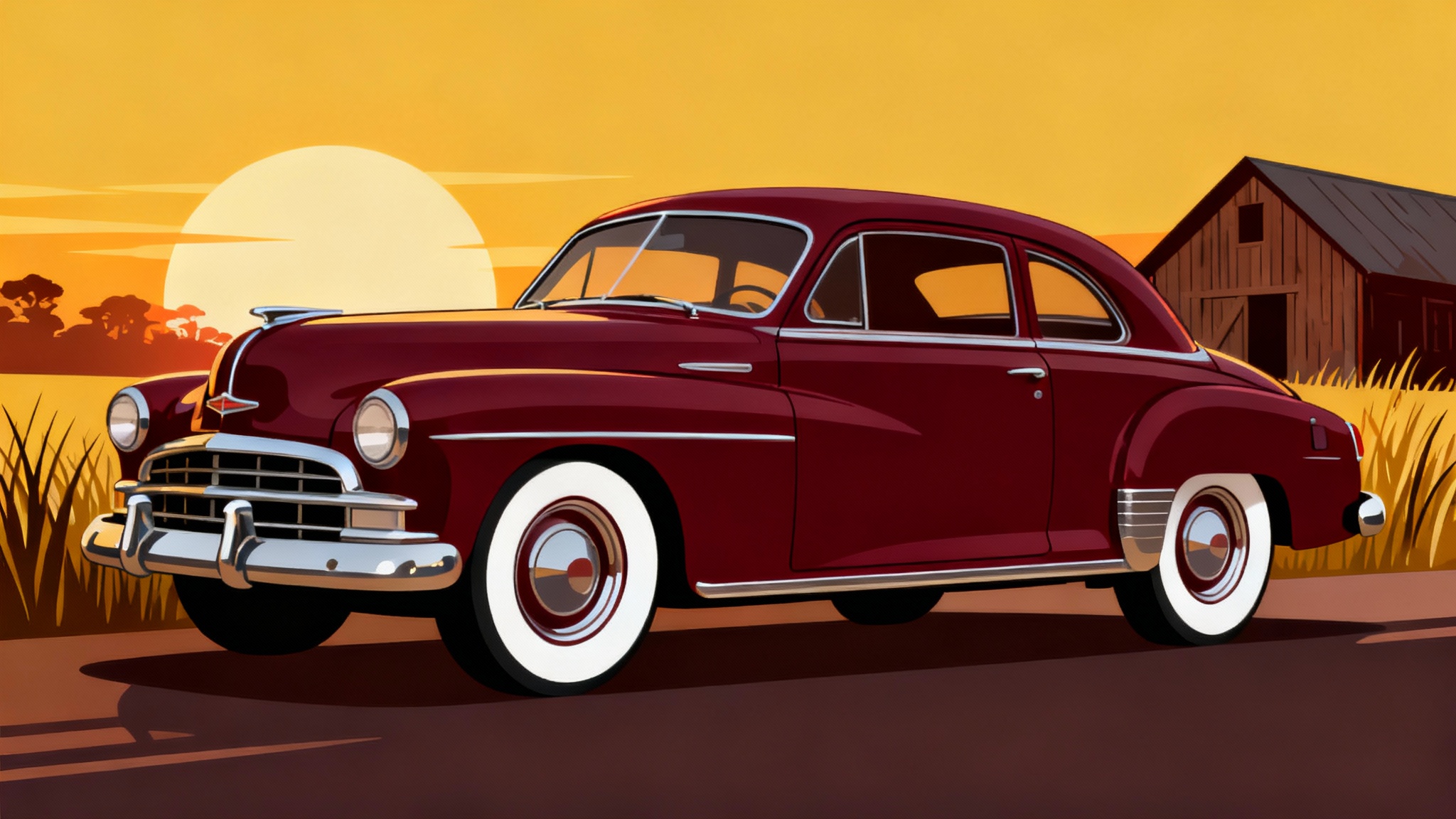 A vibrant vector illustration of a burgundy vintage car at sunset, shown as the final result of a design tool.