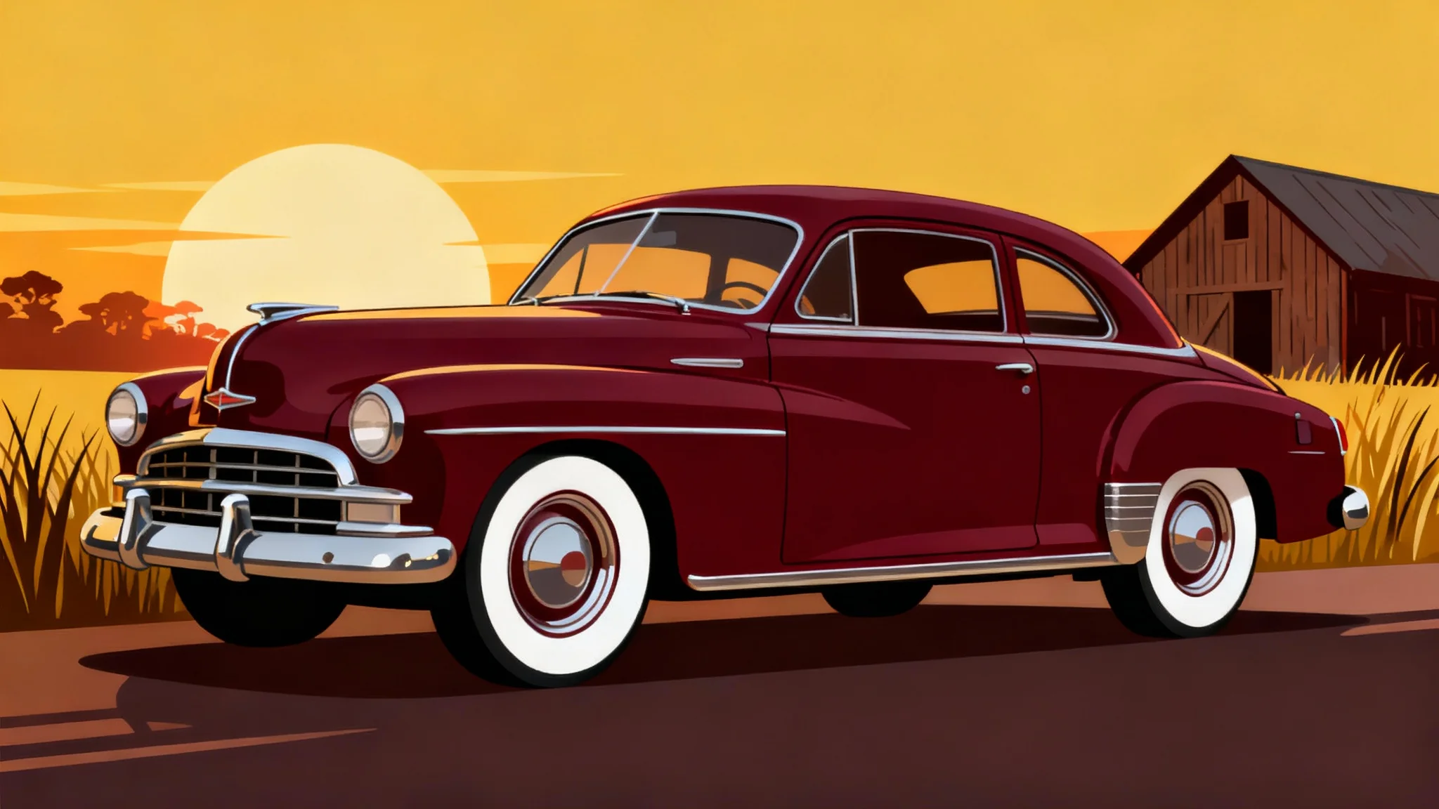 A vibrant vector illustration of a burgundy vintage car at sunset, shown as the final result of a design tool.