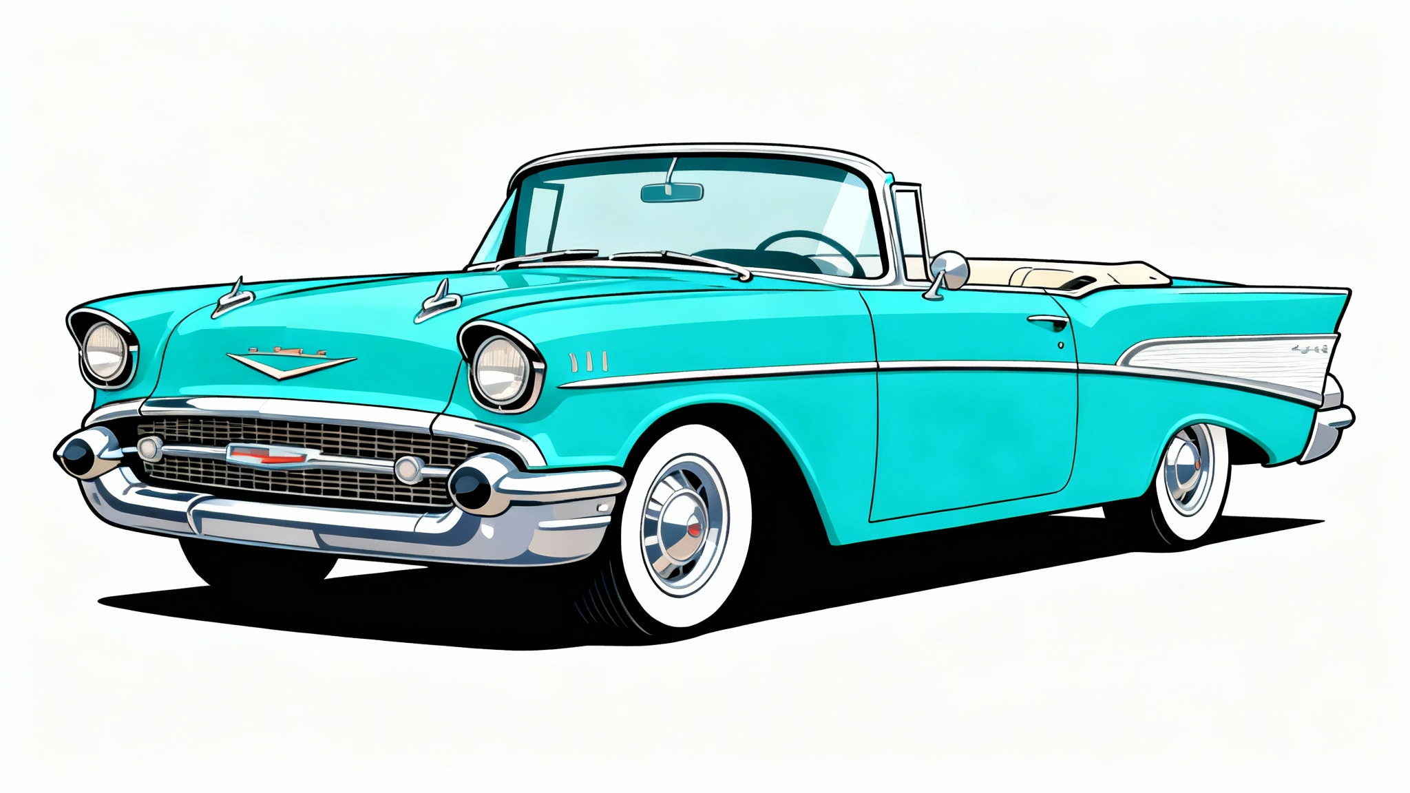 A vibrant graphic illustration of a classic turquoise vintage convertible from the 1950s, shown against a plain white background.