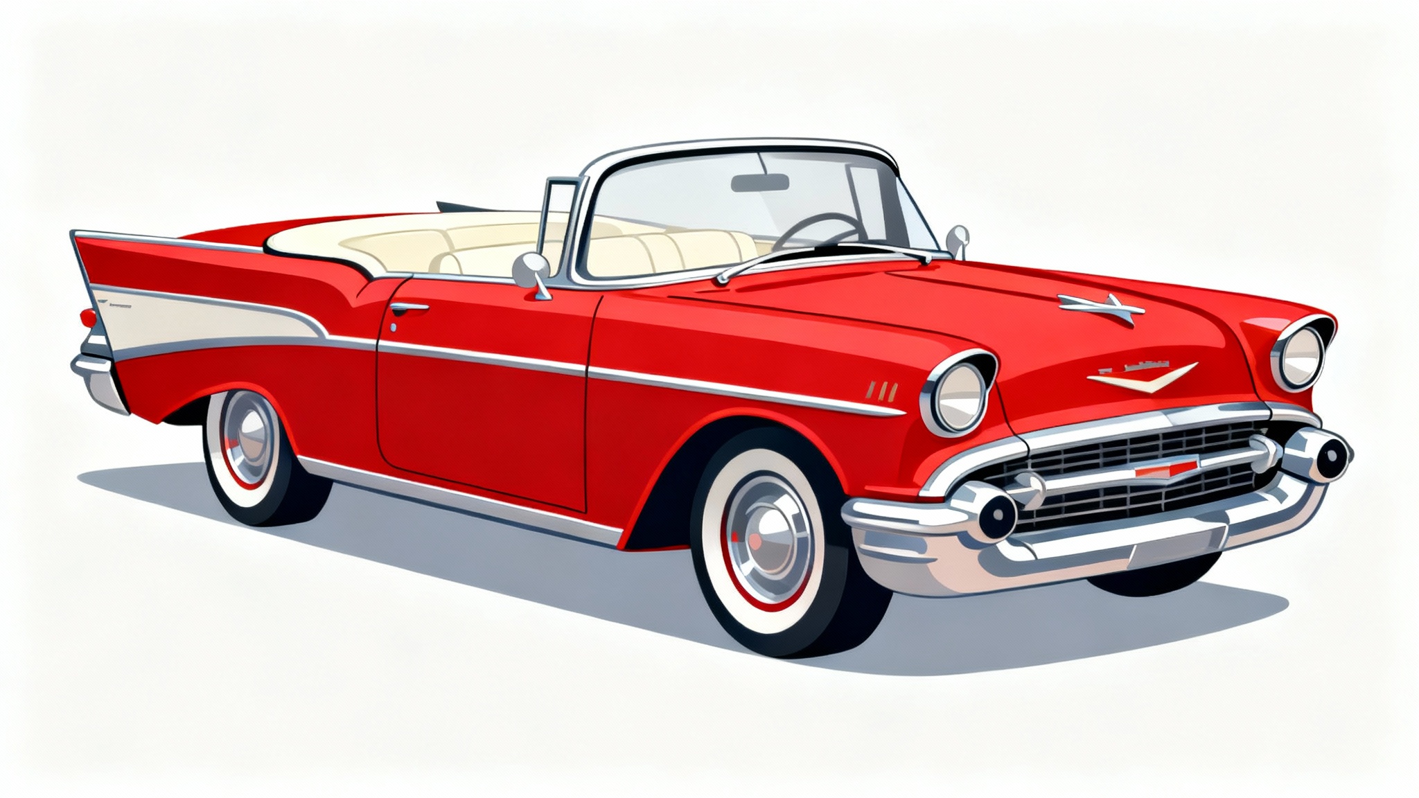 A stylized vector illustration of a classic red and white 1950s vintage convertible car against a plain white background.