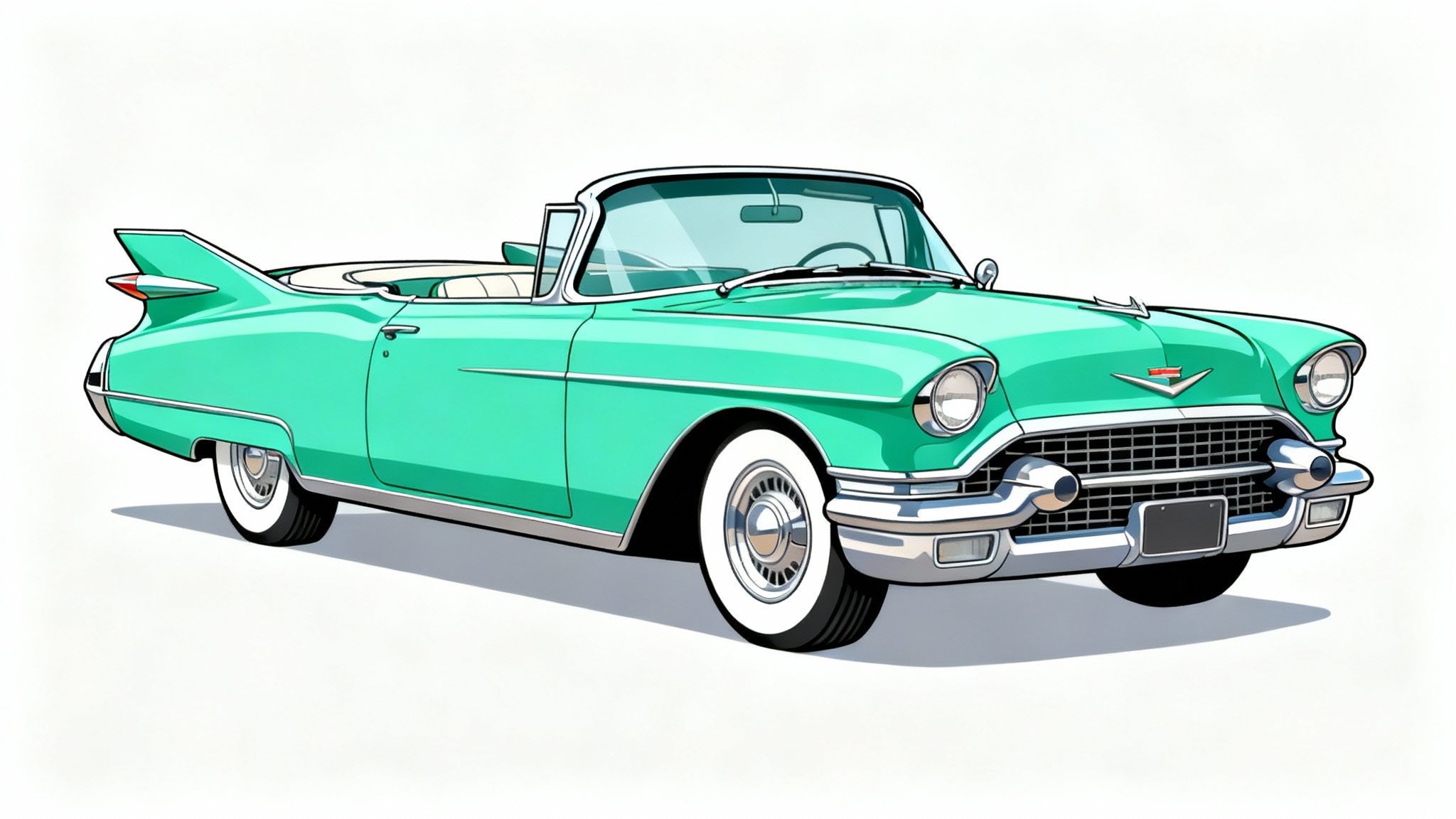 A stylized illustration of a classic 1950s seafoam green convertible with chrome accents, presented in a studio shot against a plain white background.