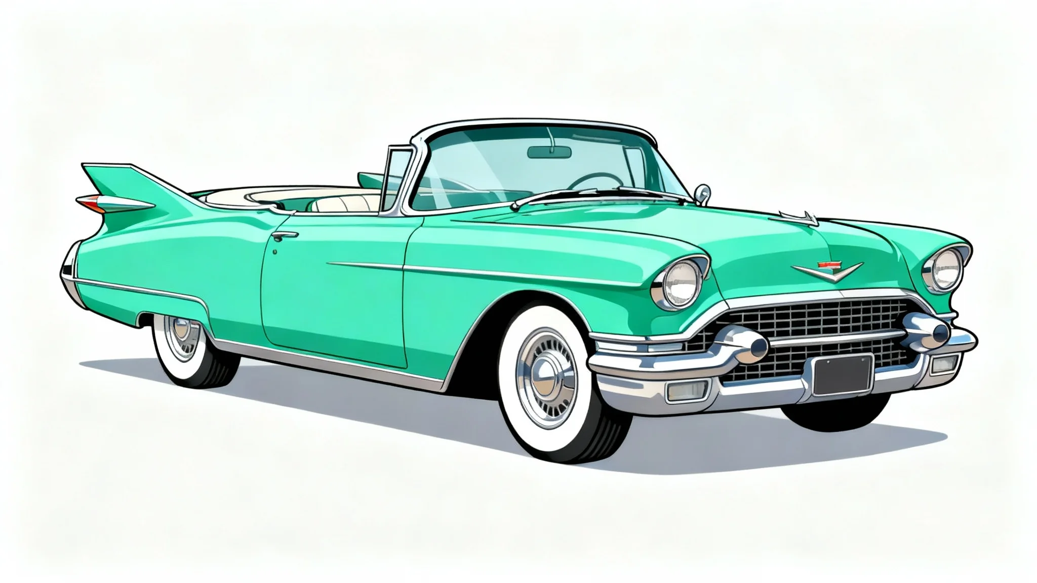 A stylized illustration of a classic 1950s seafoam green convertible with chrome accents, presented in a studio shot against a plain white background.