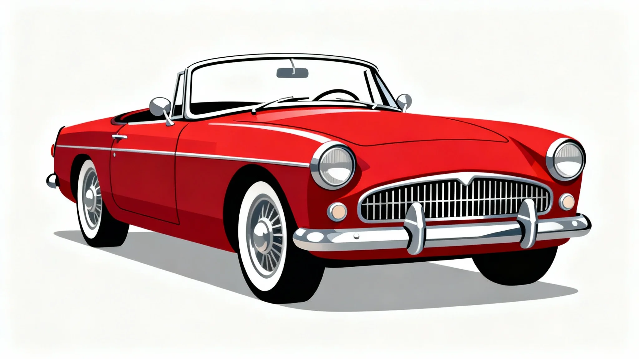 A vibrant graphic illustration of a classic red vintage convertible car with chrome details, presented against a clean white background.