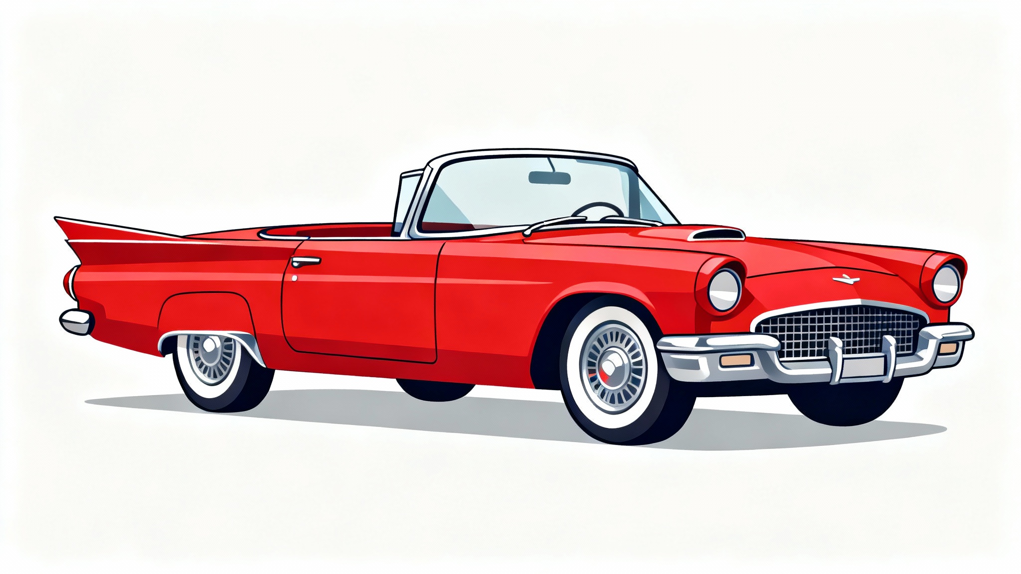 A stylized vector illustration of a cherry red vintage 1950s convertible car with chrome details, shown against a plain white background.
