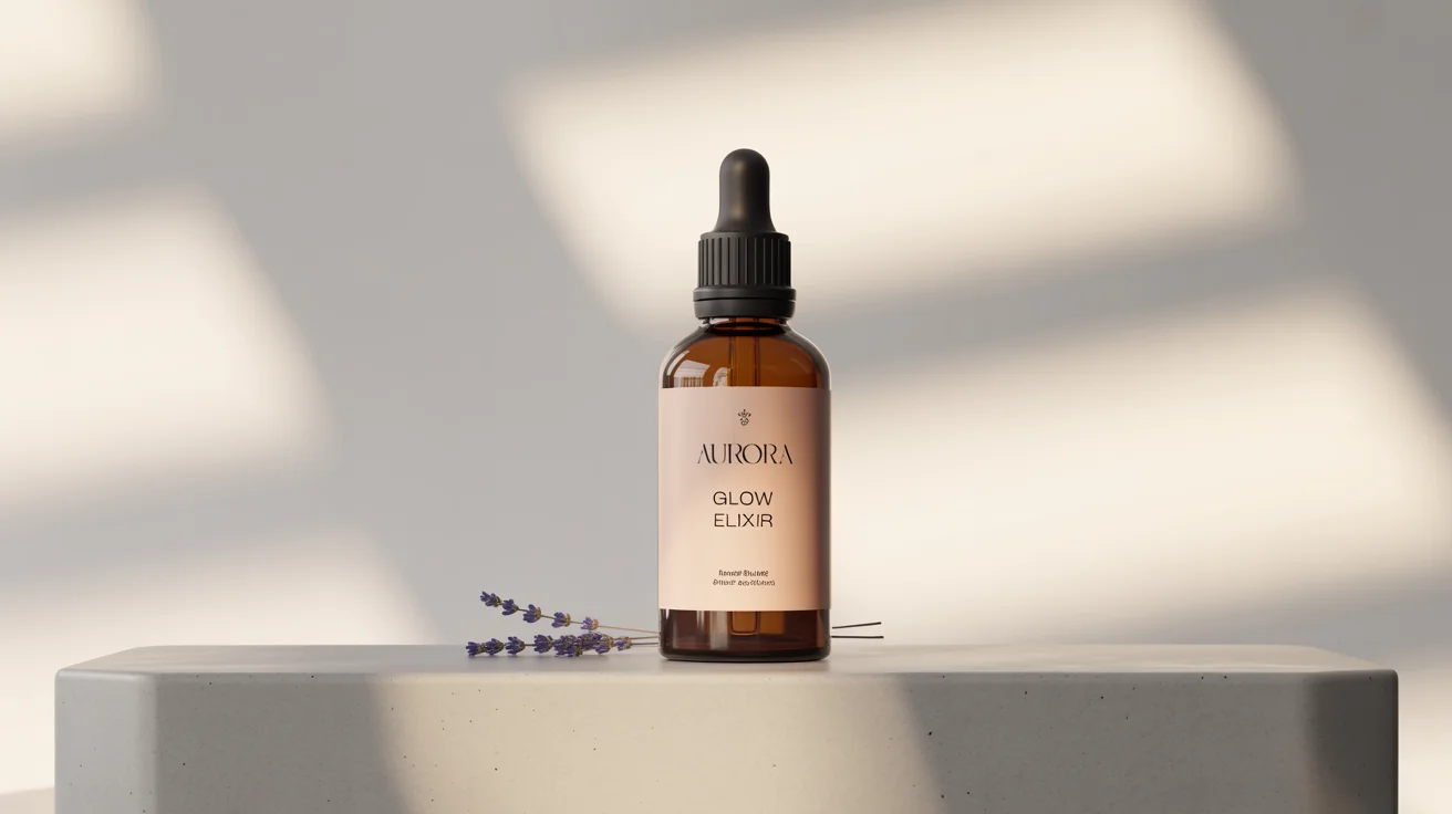 A high-end product mockup of an amber glass dropper bottle with a minimalist 'AURORA Glow Elixir' label, set against a clean studio background.