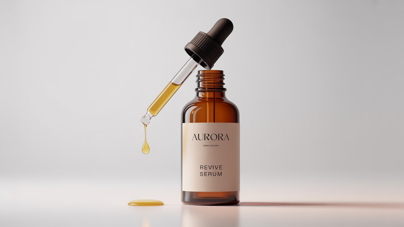 A photorealistic mockup of an amber glass dropper bottle with a black top, set against a plain white background. The bottle has a minimalist label that reads 'AURORA' and 'Revive Serum', with a single drop of serum falling from the pipette.