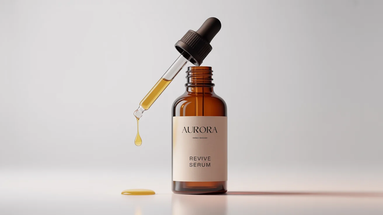 A photorealistic mockup of an amber glass dropper bottle with a black top, set against a plain white background. The bottle has a minimalist label that reads 'AURORA' and 'Revive Serum', with a single drop of serum falling from the pipette.