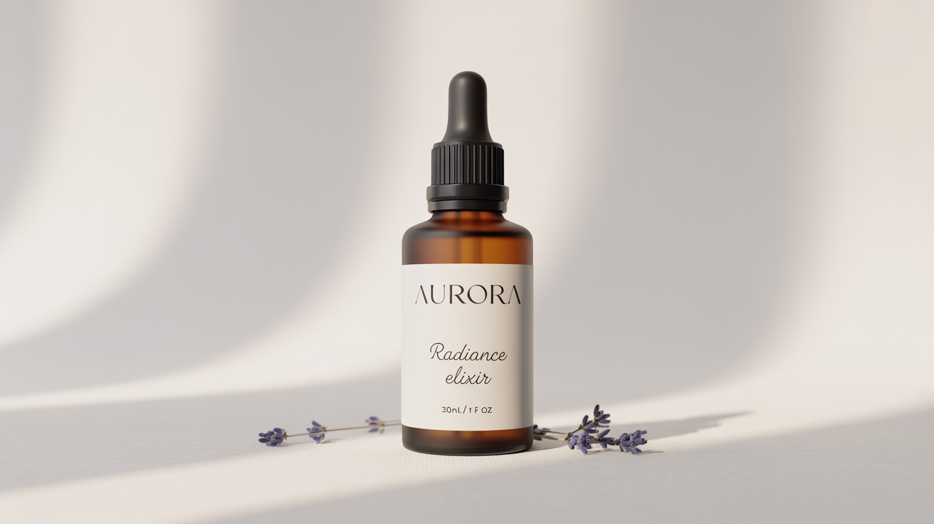 A photorealistic mockup of a frosted amber glass dropper bottle with a black cap, set against a plain white background. The label reads 'AURORA Radiance Elixir'.