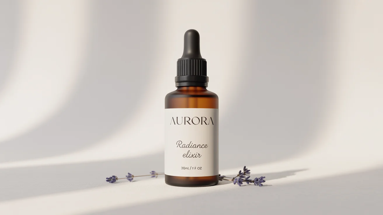 A photorealistic mockup of a frosted amber glass dropper bottle with a black cap, set against a plain white background. The label reads 'AURORA Radiance Elixir'.