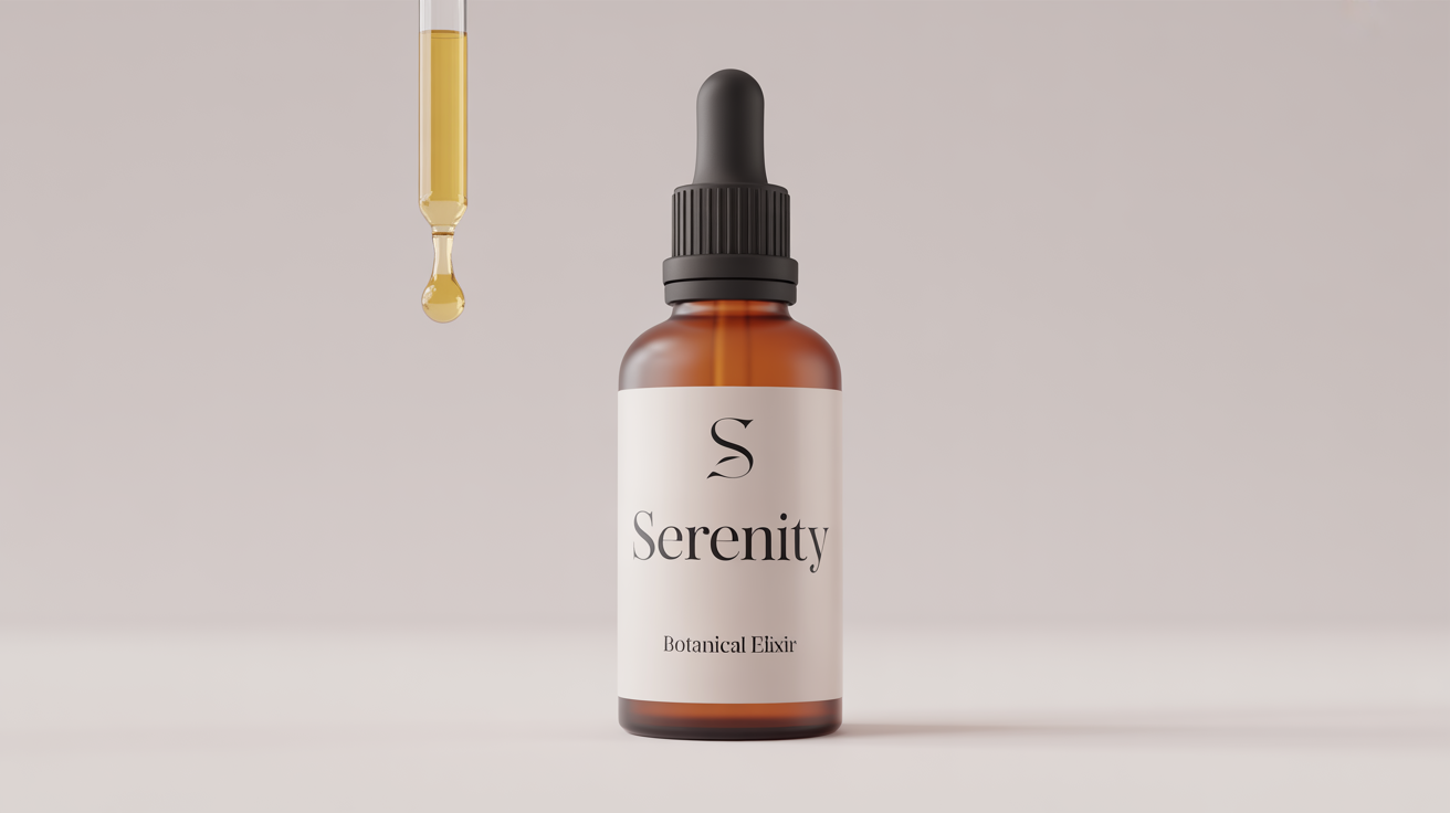 A photorealistic mockup of a frosted amber glass dropper bottle labeled 'SERENITY Botanical Elixir', placed on a white background with its black cap beside it and a single drop of golden oil suspended in the air.