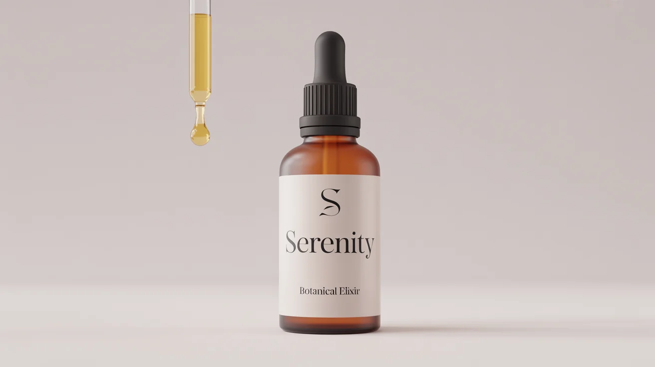 A photorealistic mockup of a frosted amber glass dropper bottle labeled 'SERENITY Botanical Elixir', placed on a white background with its black cap beside it and a single drop of golden oil suspended in the air.