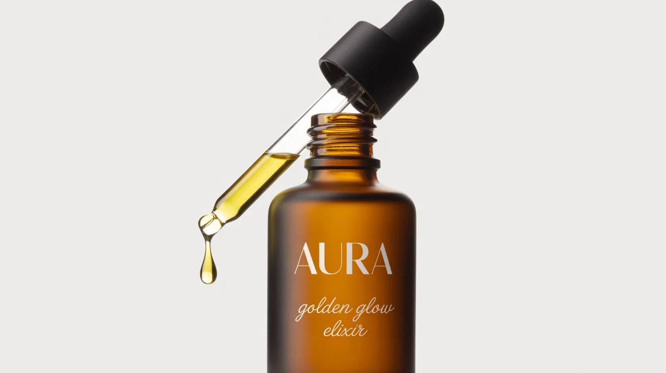 A photorealistic mockup of a frosted amber glass dropper bottle with a matte black cap, labeled 'AURA Golden Glow Elixir', with a single drop of golden oil at the tip of the dropper, set against a clean white background.