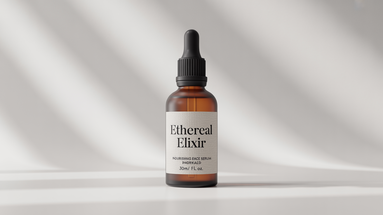 A photorealistic mockup of a frosted amber glass dropper bottle with a matte black top, set against a clean white background. The label reads 'ETHEREAL ELIXIR Nourishing Face Serum'.