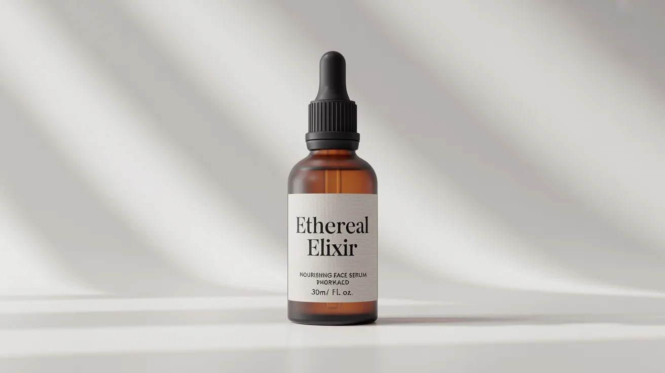 A photorealistic mockup of a frosted amber glass dropper bottle with a matte black top, set against a clean white background. The label reads 'ETHEREAL ELIXIR Nourishing Face Serum'.