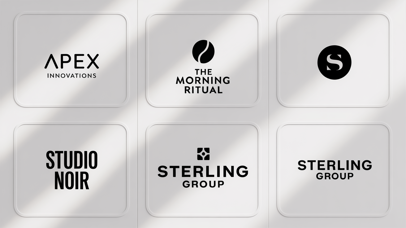 A hero image displaying a grid of four different professional black and white logos for fictional businesses, showcasing a variety of design styles from minimalist to illustrative.