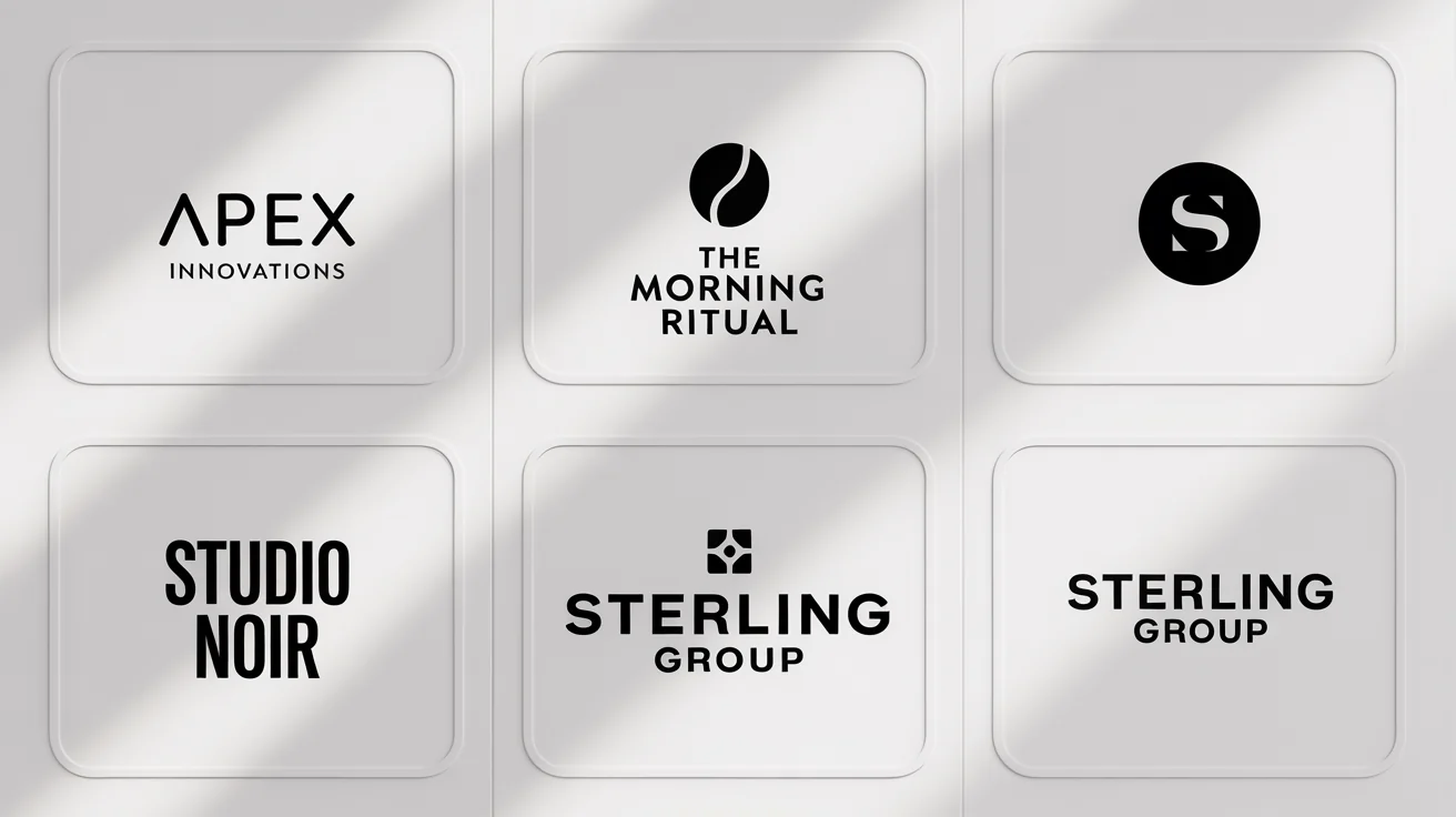 A hero image displaying a grid of four different professional black and white logos for fictional businesses, showcasing a variety of design styles from minimalist to illustrative.