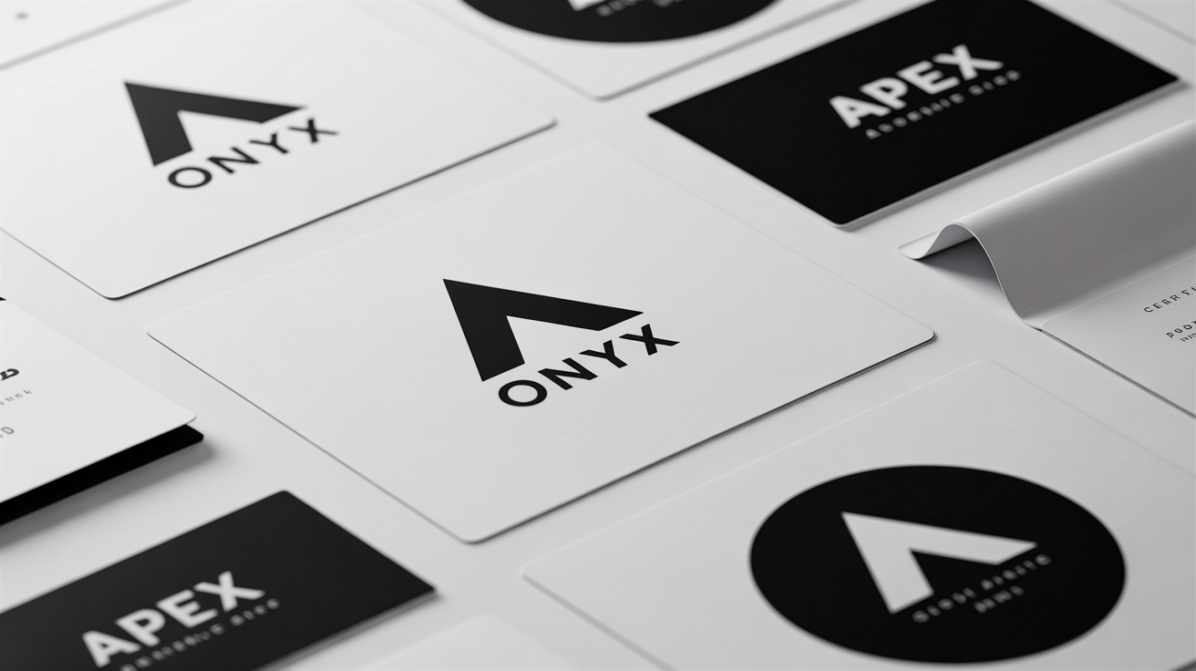 A collection of modern black and white logo mockups for fictional brands, 'ONYX' and 'APEX', displayed on business cards and stickers against a clean white background.