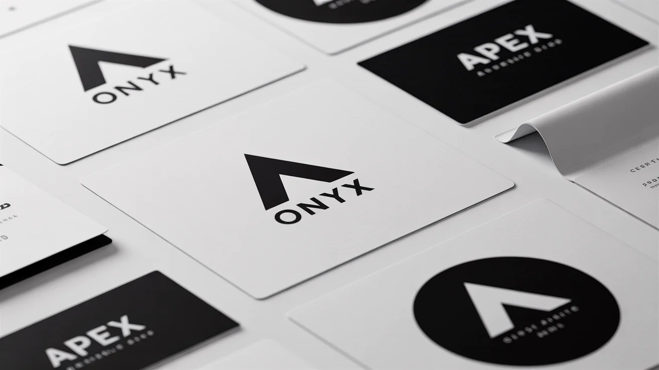 A collection of modern black and white logo mockups for fictional brands, 'ONYX' and 'APEX', displayed on business cards and stickers against a clean white background.