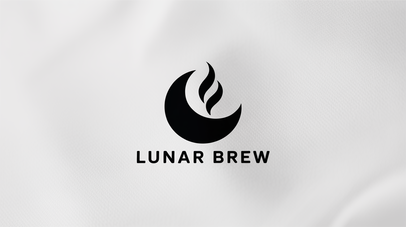 A minimalist black and white logo for a fictional coffee brand, 'Lunar Brew', featuring a crescent moon and steam icon on a clean white background.