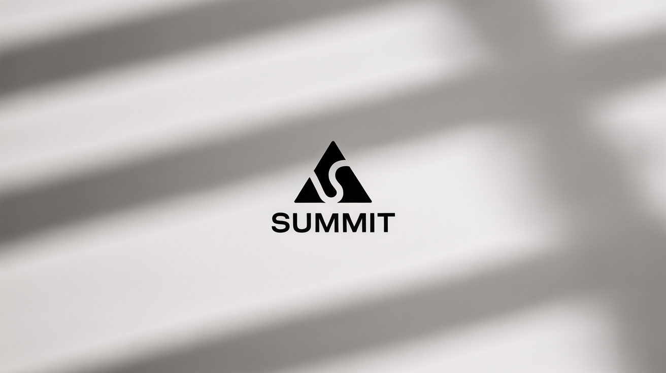 A modern, minimalist black and white logo for a fictional brand named 'SUMMIT', featuring a geometric mountain icon, centered on a plain white background.