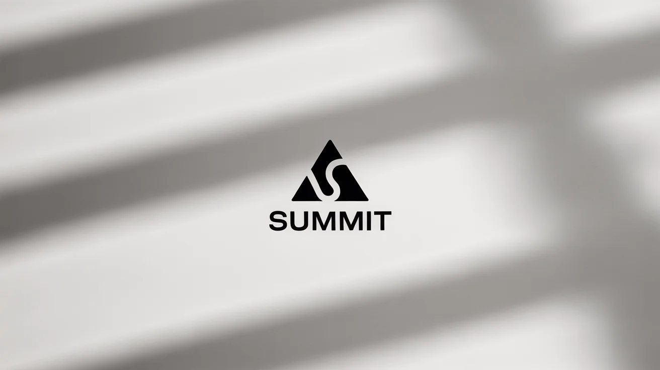 A modern, minimalist black and white logo for a fictional brand named 'SUMMIT', featuring a geometric mountain icon, centered on a plain white background.