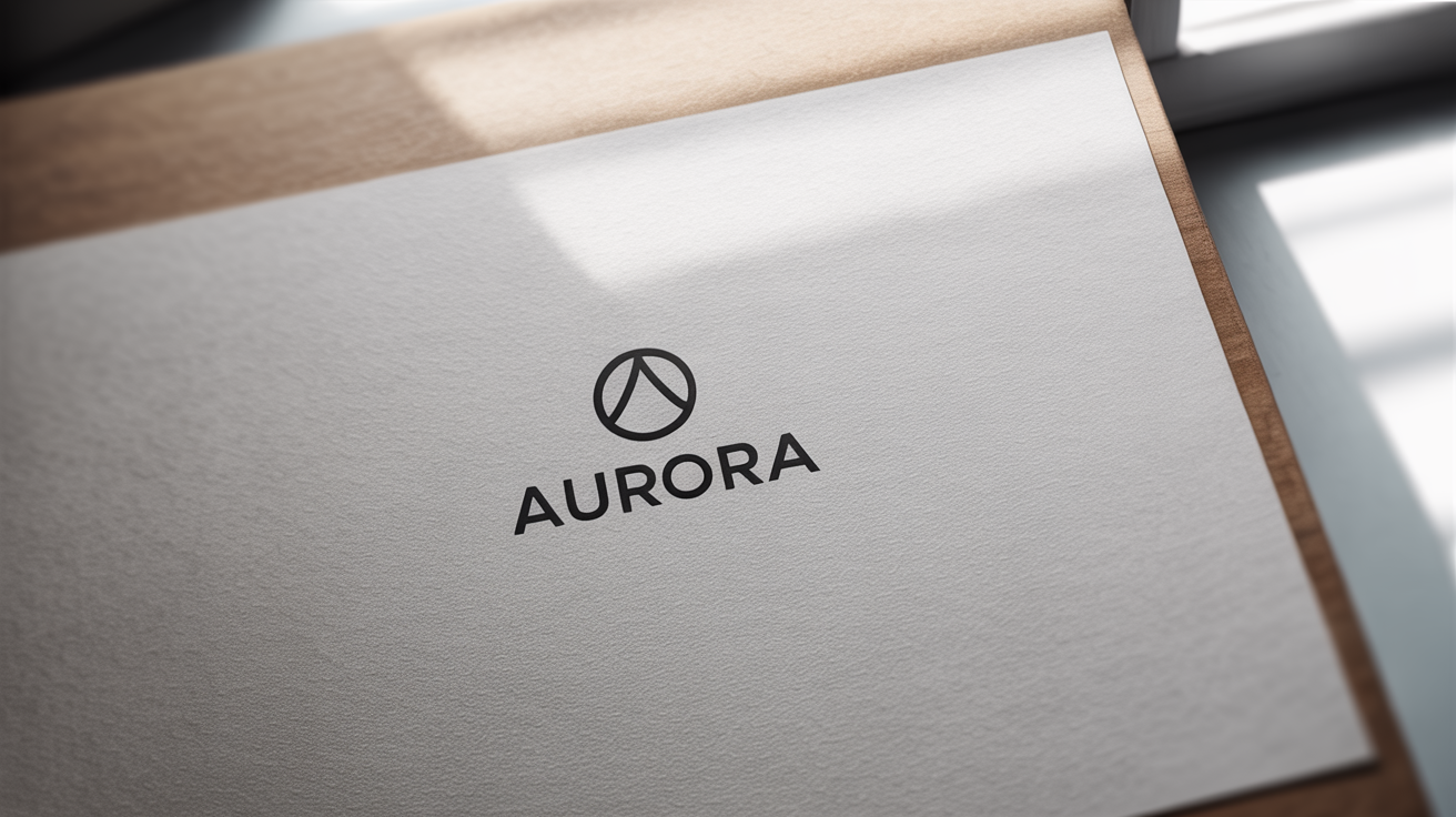 A professional mockup of a minimalist black and white logo for the brand 'AURORA', printed on a piece of textured white paper against a clean, light grey background, showcasing elegance and simplicity.