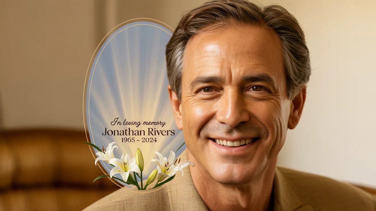 A professionally designed memorial poster for 'Jonathan Rivers', showing his portrait framed by white flowers against a serene blue and white background. The text reads 'In Loving Memory' and '1965 - 2024'.